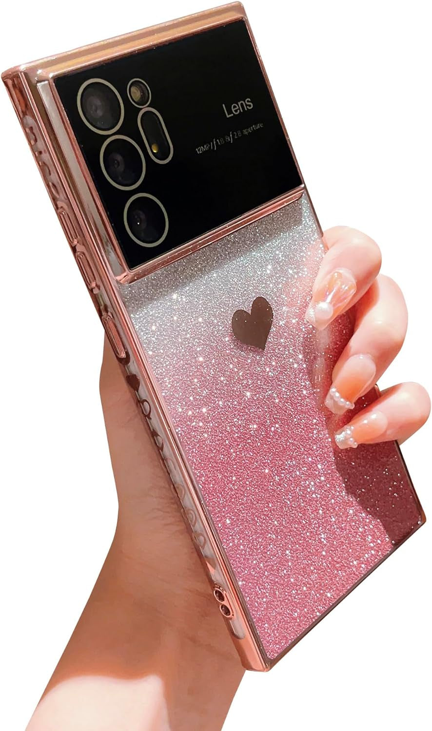 Phylla Gradient Glitter Heart for Samsung Galaxy Note 20 Ultra 5G Phone Case [Full Camera Lens Protector],Luxury Plating Slim Clear Case with Side Pattern,Soft Shockproof Protective Bumper (Gold)  PHYLLA Pink  