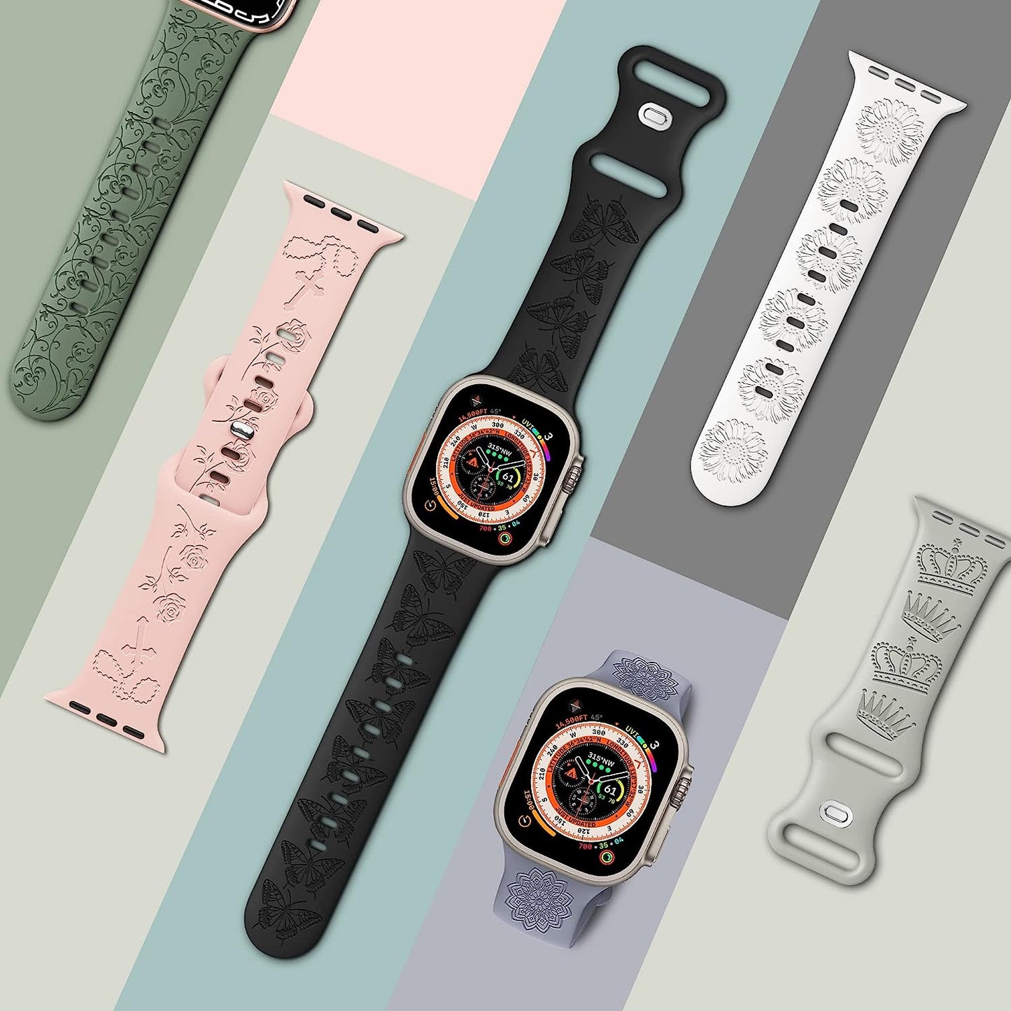 6 Pack Engraved Sport Bands Compatible with Apple Watch Band 38Mm 40Mm 41Mm 42Mm 44Mm 45Mm 49Mm for Women Men, Designer Colorful Soft Silicone Strap for Iwatch Bands Ultra/Se Series 8/7/6/5/4/3/2/1  Wewatri   