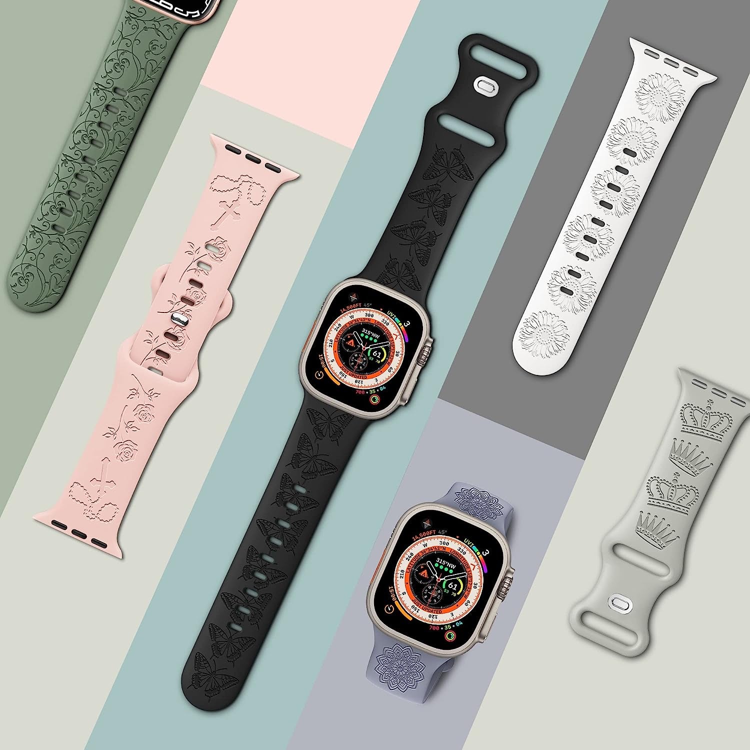 6 Pack Engraved Sport Bands Compatible with Apple Watch Band 38Mm 40Mm 41Mm 42Mm 44Mm 45Mm 49Mm for Women Men, Designer Colorful Soft Silicone Strap for Iwatch Bands Ultra/Se Series 8/7/6/5/4/3/2/1  Wewatri   