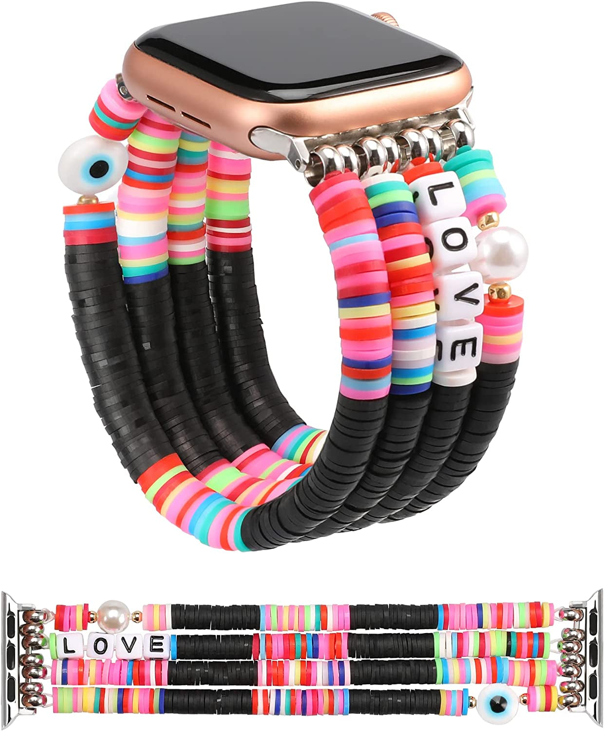 TOYOUTHS Heishi Beads Bracelet Compatible with Apple Watch Band Cute Stretch Girl Women Summer Beach Surfer Stackable Clay Preppy Jewelry Band for Iwatch 42/44/45Mm Series SE 7 6 5 4 3 2 1  TOYOUTHS Black 41/40/38mm M (6.2" - 6.5" Wrist) 