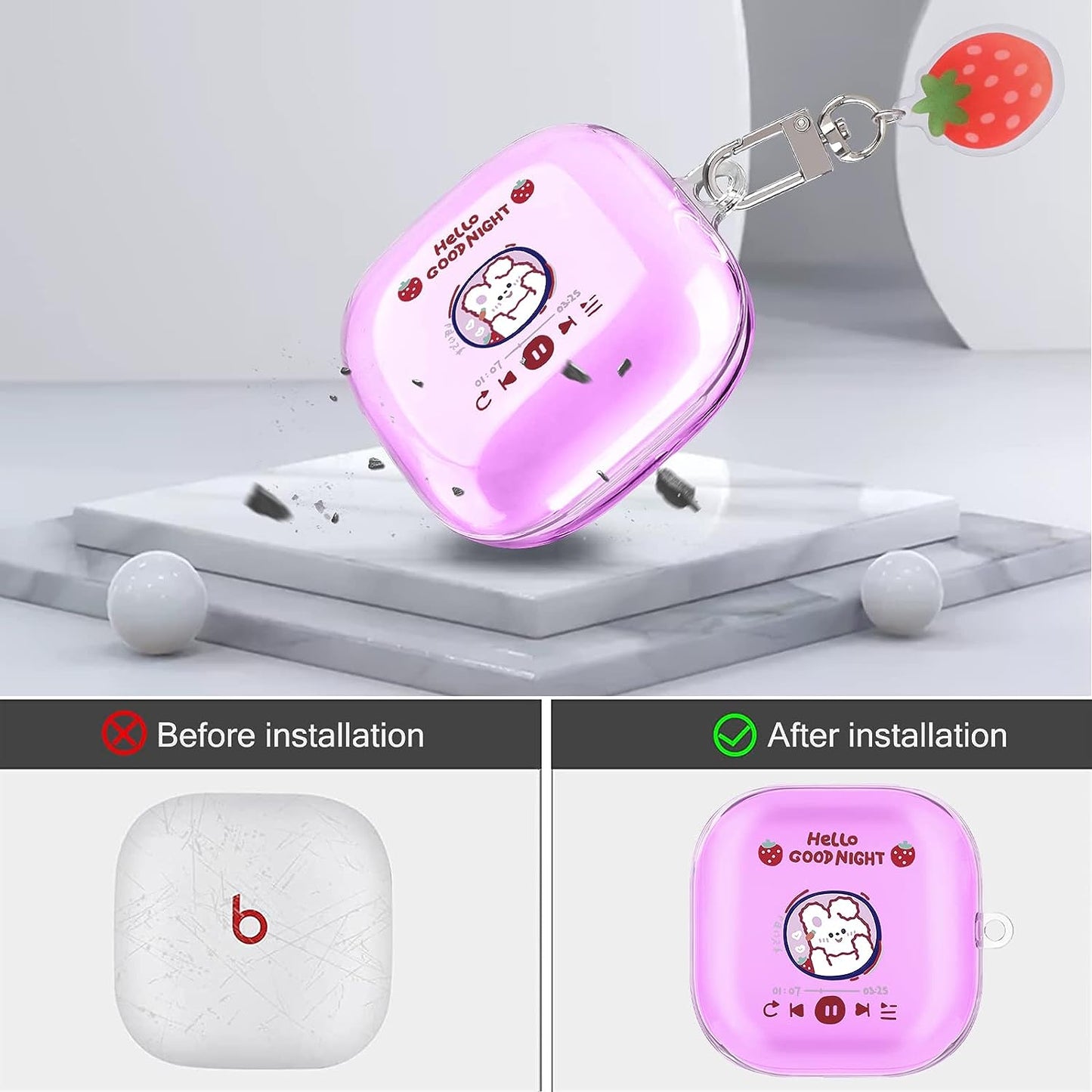 Cute Rabbit Case Compatible with Beats Fit Pro Clear Case with Kawaii Strawberry Bunny Keychain for Women Girls Kids Soft Silicone Anime Cover for Beats Fit Pro  CameCosy   