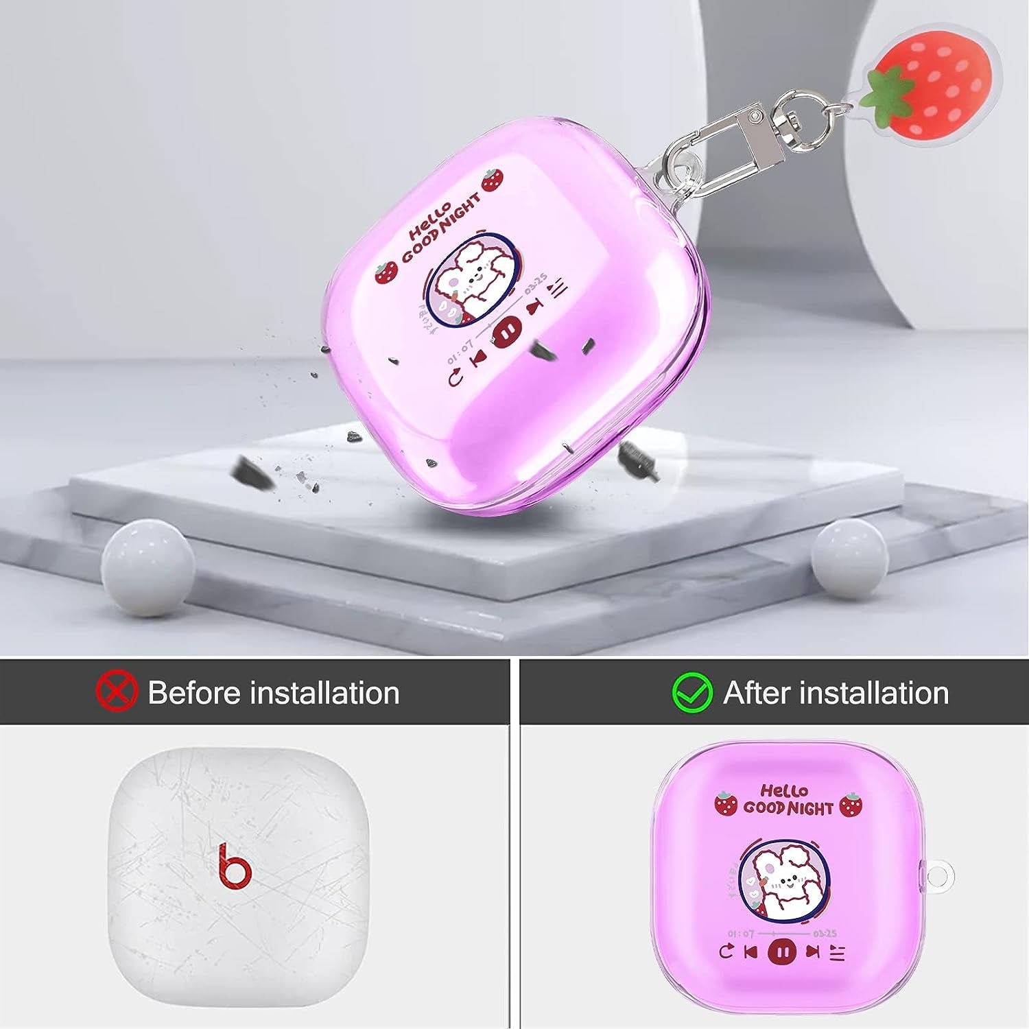 Cute Rabbit Case Compatible with Beats Fit Pro Clear Case with Kawaii Strawberry Bunny Keychain for Women Girls Kids Soft Silicone Anime Cover for Beats Fit Pro  CameCosy   