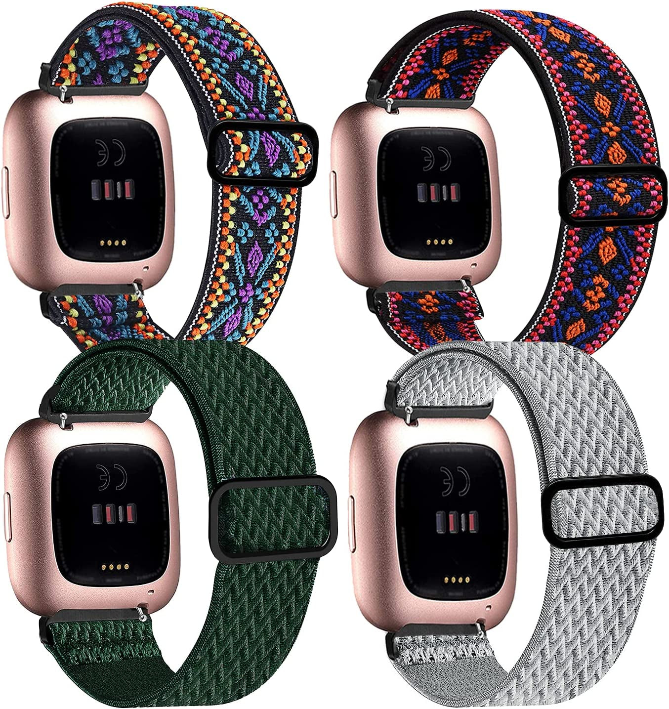 4 Pack Stretchy Bands Compatible with Fitbit Versa/Fitbit Versa Lite/Fitbit 2 Women Men, Adjustable Elastic Soft Loop Nylon Breathable Replacement Straps for Smartwatch Wristband  POHNUI National Blue + National Red + Gray + Army Green  