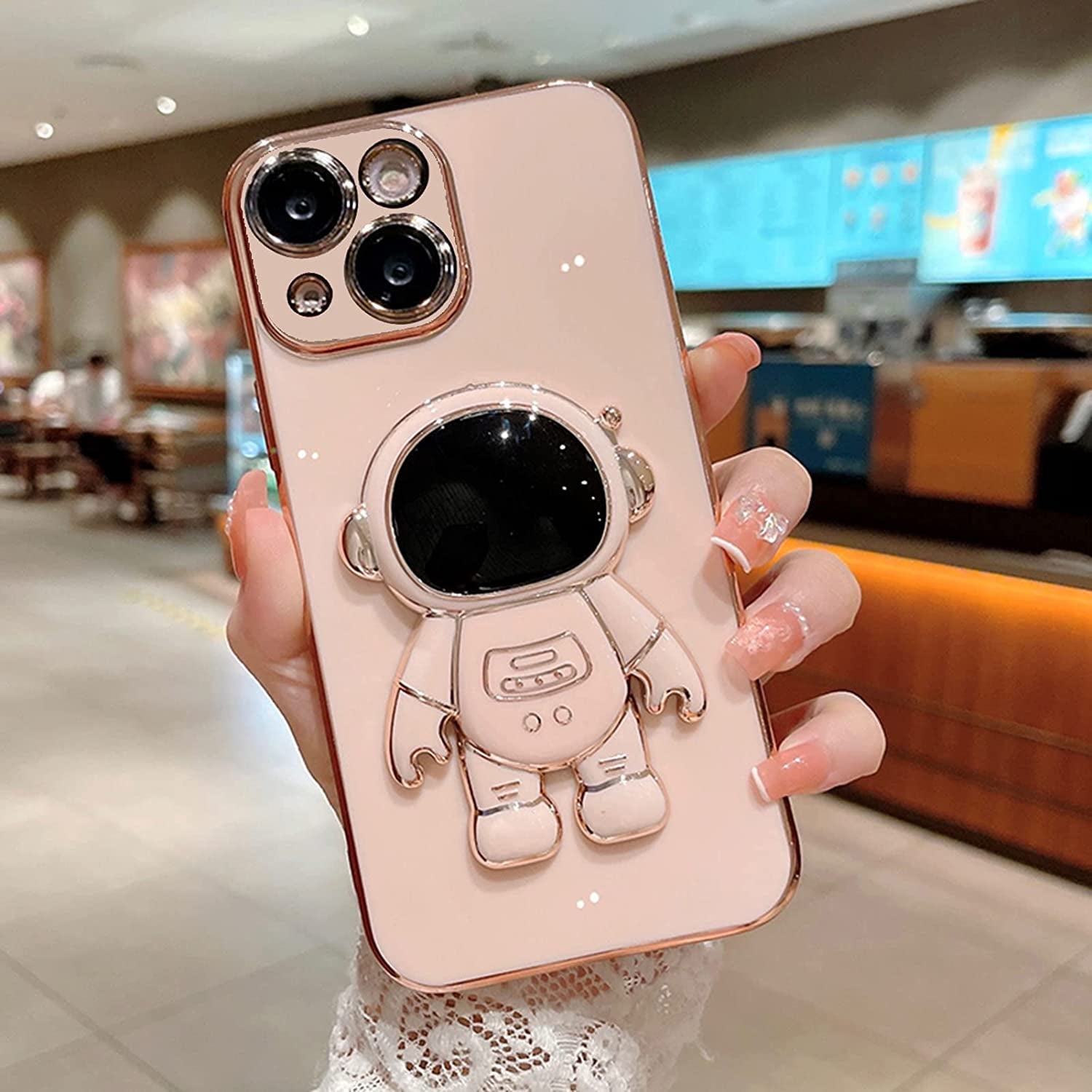 AIGOMARA 6D Plating Astronaut Hidden Stand Case Cover for Iphone 14 plus Women Astronaut Folding Bracket Kickstand Iphone Case with Camera Protector Soft TPU Shockproof Bumper 6.7 in 2022 - Purple  AIGOMARA Pink  