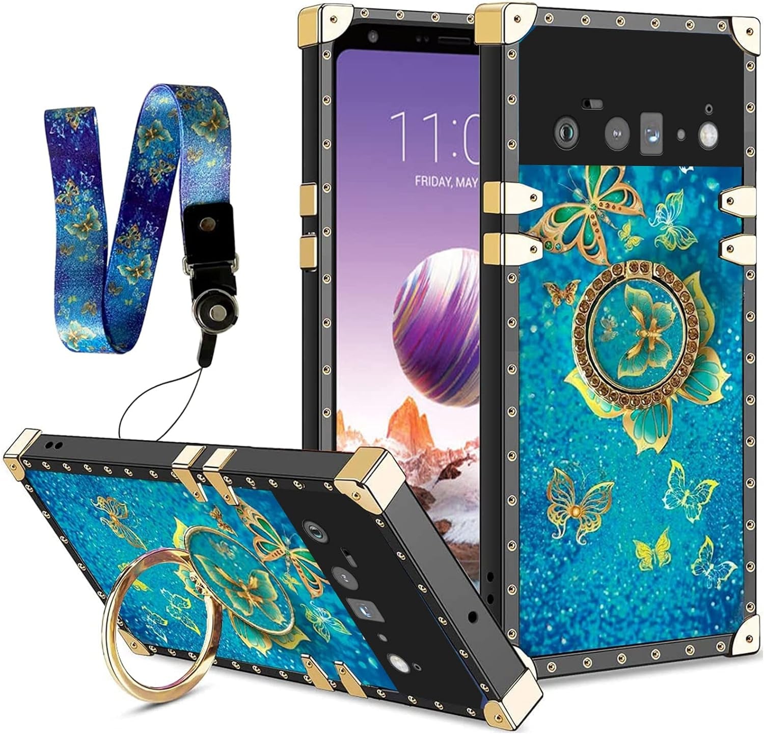 Nancheng Case for Google Pixel 6A (Not Pixel 6/6 Pro) Square Back Cover Design Colorful Petal Stars Sky with Diamond Holder Ring Strap Lanyard Shockproof Protective Phone Case for Pixel 6A - Flowers  nancheng Pixel 6 Pro-Butterfly Blue  