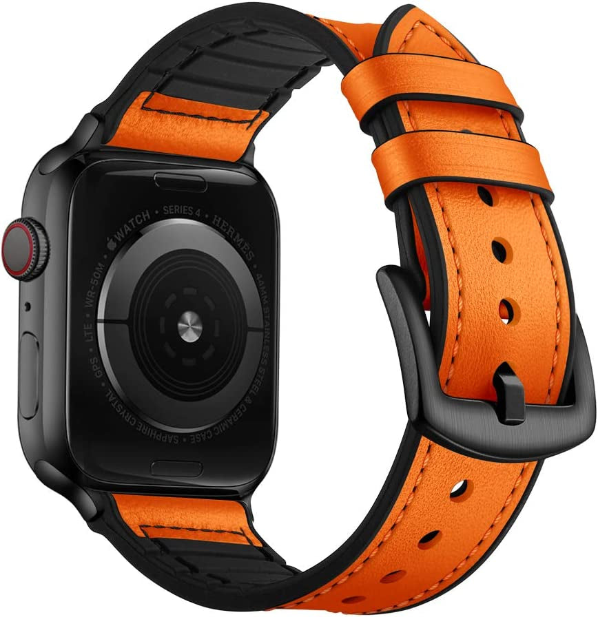 OUHENG Compatible with Apple Watch Band 49Mm 45Mm 44Mm 42Mm, Sweatproof Genuine Leather and Rubber Hybrid Band Strap for Iwatch Ultra Series 8 7 6 5 4 3 2 1 SE2 SE, Brown Band with Black Adapter  OUHENG Orange/Black 41mm/40mm/38mm 