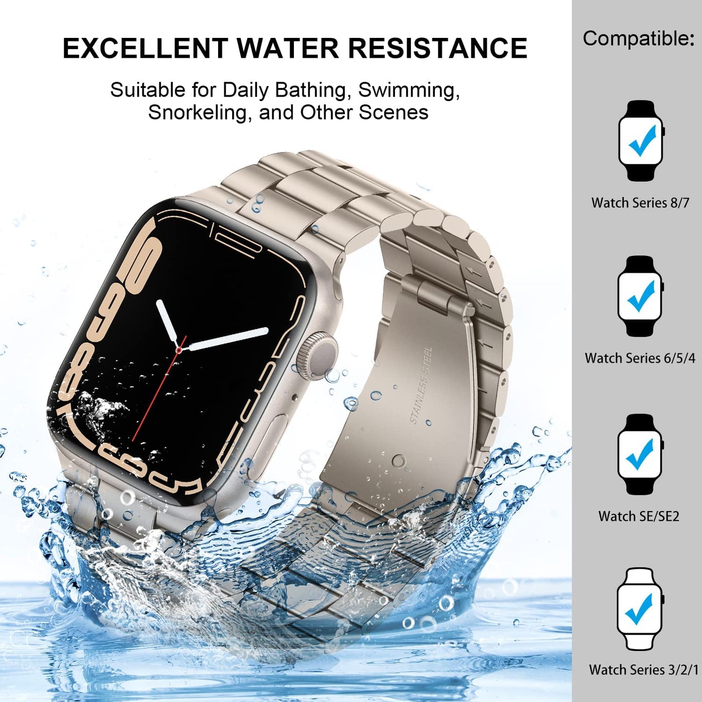 HITZEE Compatible with Apple Watch Band 45Mm 44Mm 42Mm Business Stainless Steel Metal Strap Men Women Link Bands with Case Compatible for Apple Watch SE Series 8 7 6 5 4 3 2 1, 42/44/45Mm Starlight  HITZEE   