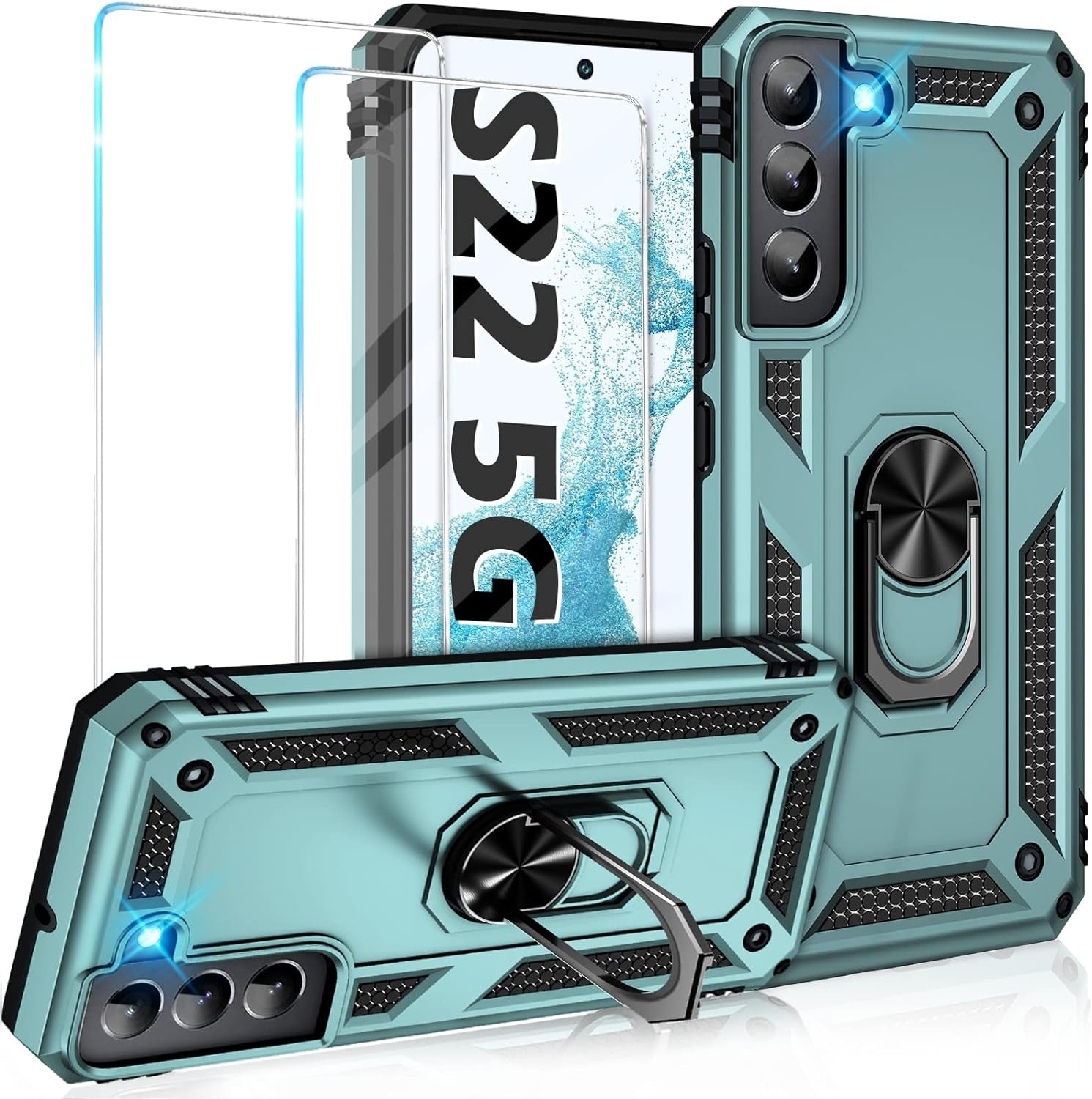 Vaki for Samsung Galaxy S22 5G Case with Built in Screen Protector Military Grade Hard Rugged Cover Heavy Duty Armor Galaxy S22 Phone Cases with Metal Ring Kickstand Shockproof Blue  Vaki Green  