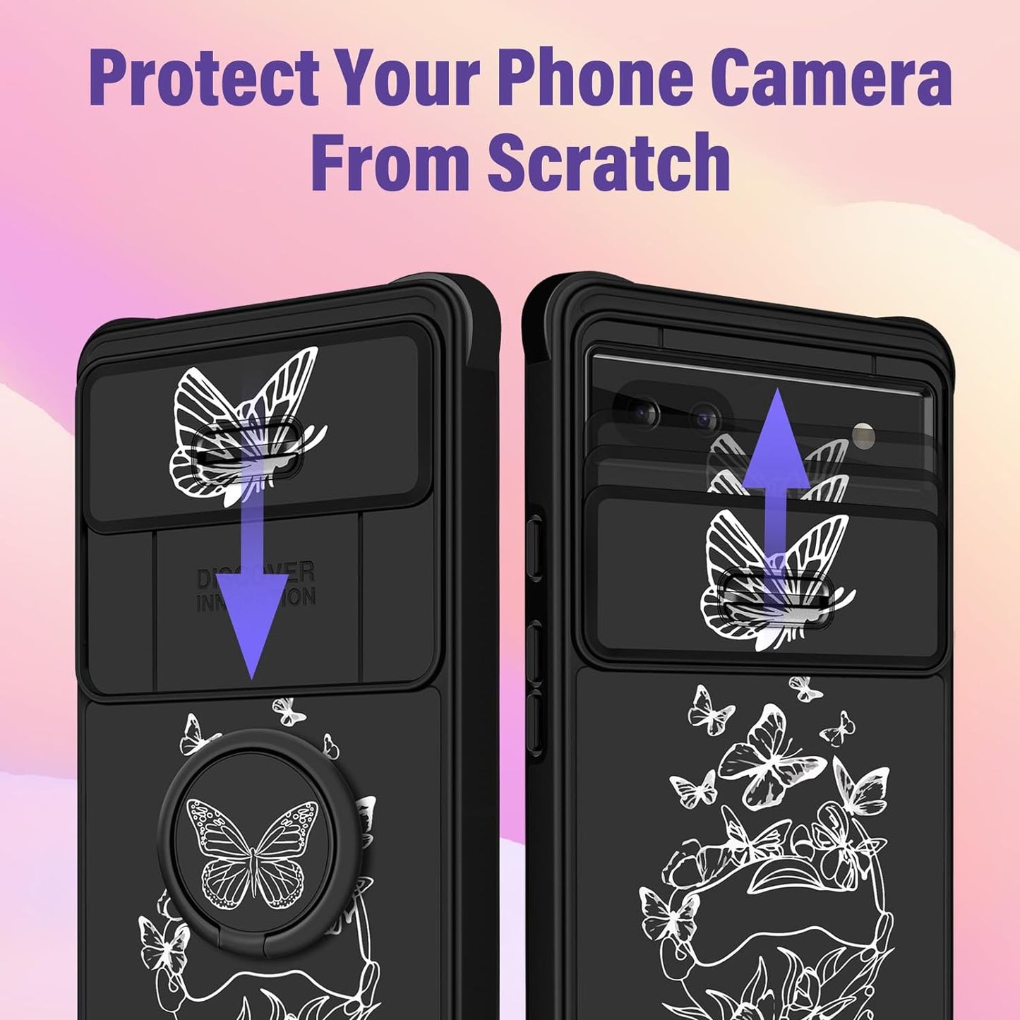 Funermei (2In1 for Google Pixel 6A Case for Women Cute Butterfly Girls Cover Girly Pretty Aesthetic Fashion White Butterfly Design with Camera Cover + Ring Stand Funda for Google Pixel 6A Phone Case  Funermei   