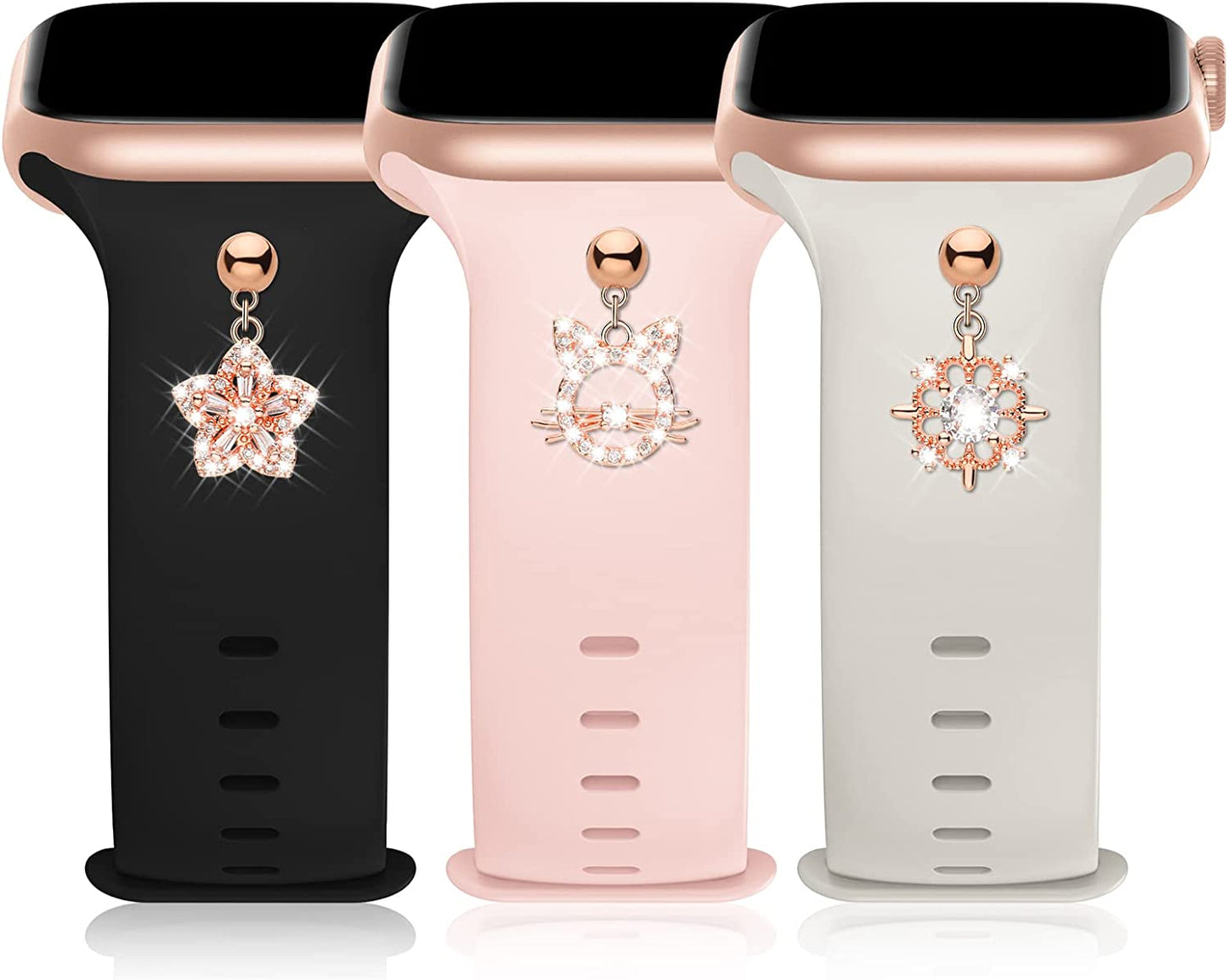 3 Pack Sport Band with DIY Charms Compatible with Apple Watch Bands 41Mm 40Mm 38Mm, Designer Soft Silicone Wristbands Replacement Strap for Iwatch Series SE 8 7 6 5 4 3 2 1 Utral for Women Men  Plesechde Black/Sand Pink/Starlight 38mm/40mm/41mm 