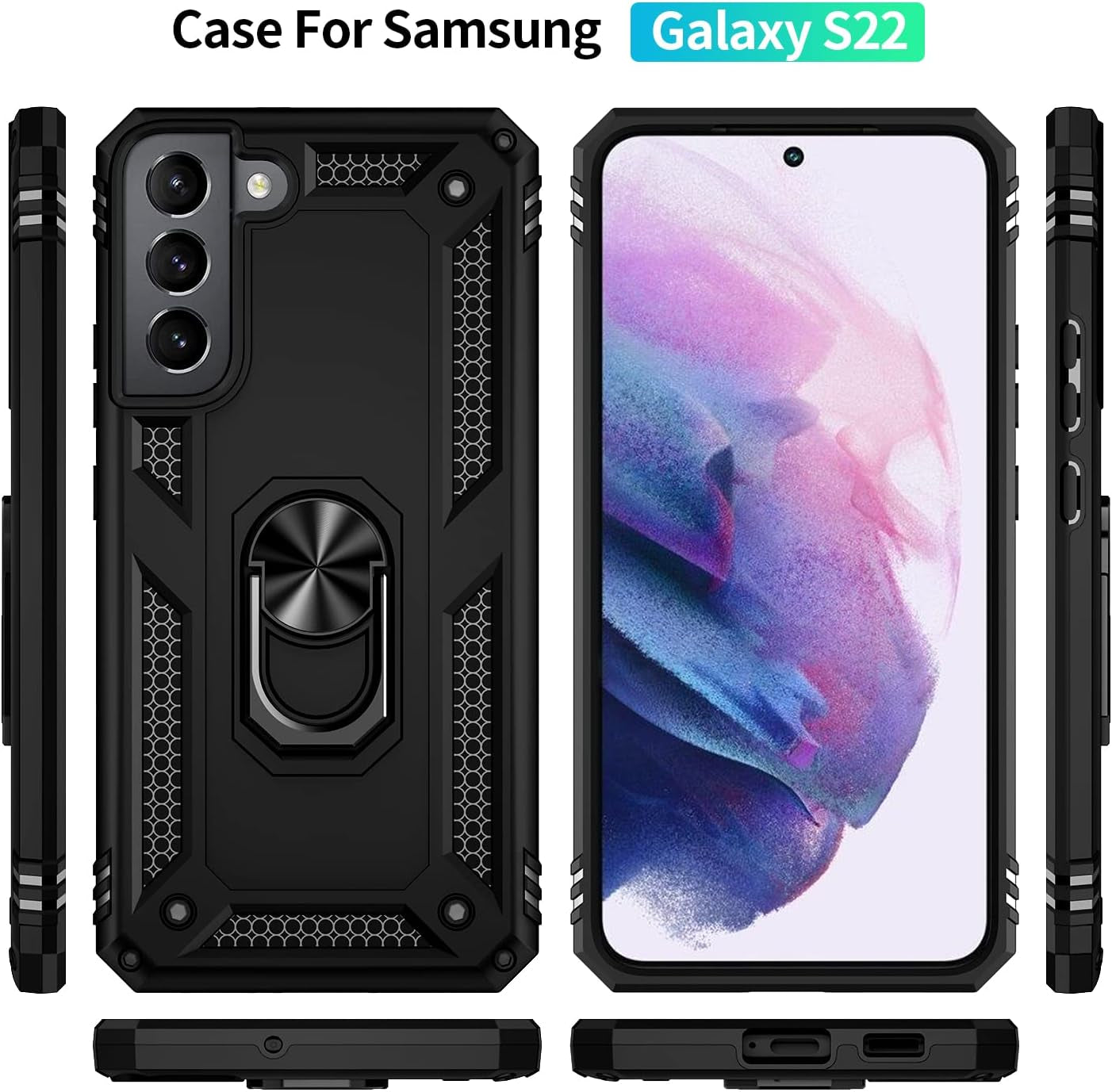 Dionsibei Military Grade Drop Impact for Samsung Galaxy S22 Case Galaxy S22 5G Case 360 Metal Rotating Ring Kickstand Holder Armor Heavy Duty Shockproof Case for Galaxy S22 Phone Case (Black)  Dionsibei   