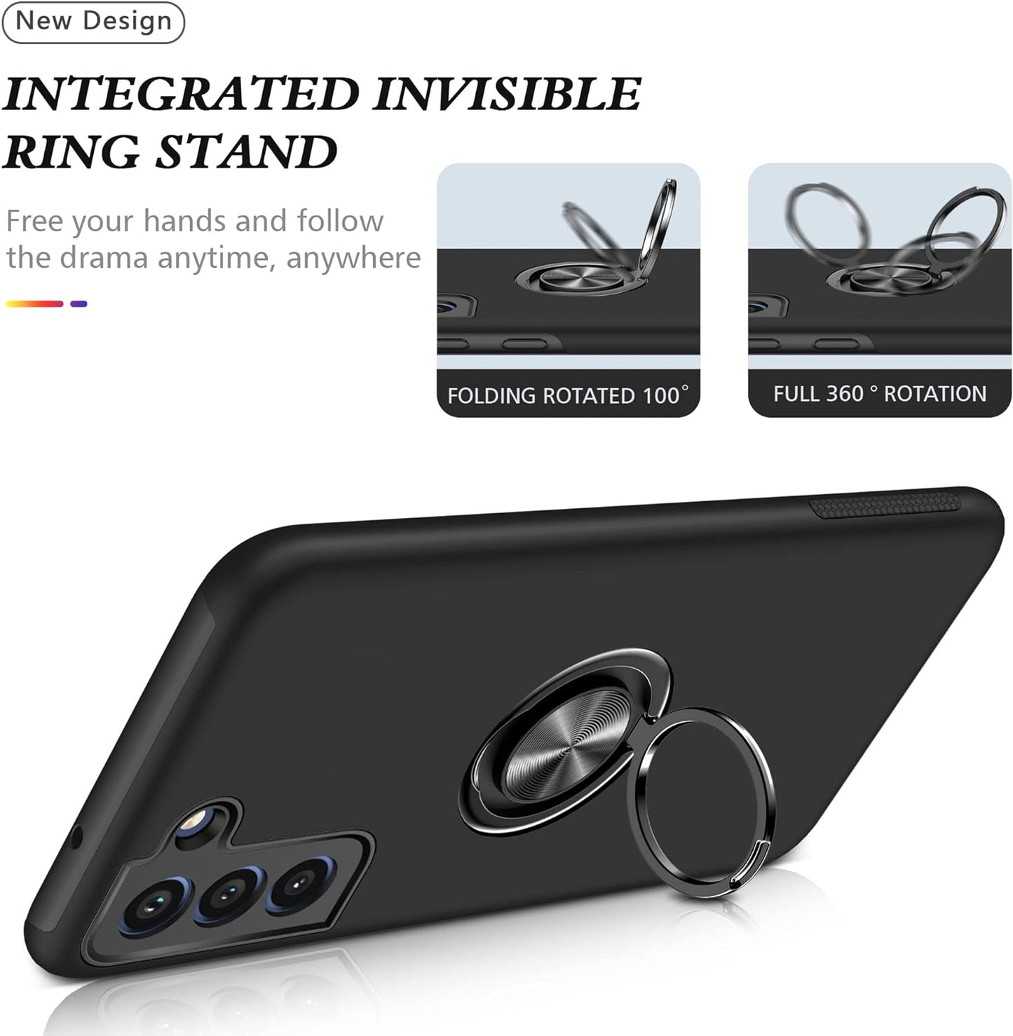 PELEPUES Case for Samsung Galaxy S21 Plus/S21+ 5G, [Built-In Camera Cover] Military Shockproof Phone Case Cover with Embedded Metal Ring Stand Kickstand [Support Magnetic Car Holder] for S21+, Black  PELEPUES   