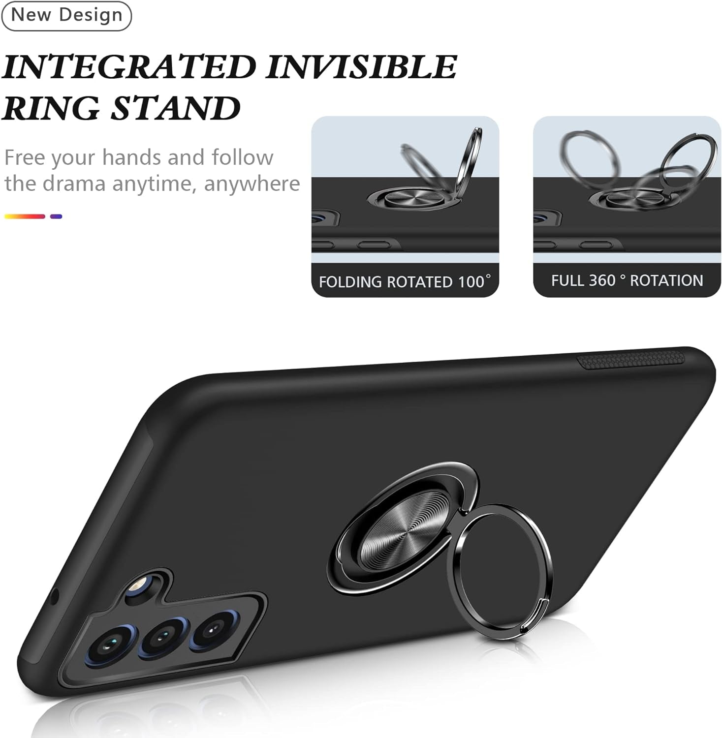 PELEPUES Case for Samsung Galaxy S21 Plus/S21+ 5G, [Built-In Camera Cover] Military Shockproof Phone Case Cover with Embedded Metal Ring Stand Kickstand [Support Magnetic Car Holder] for S21+, Black  PELEPUES   