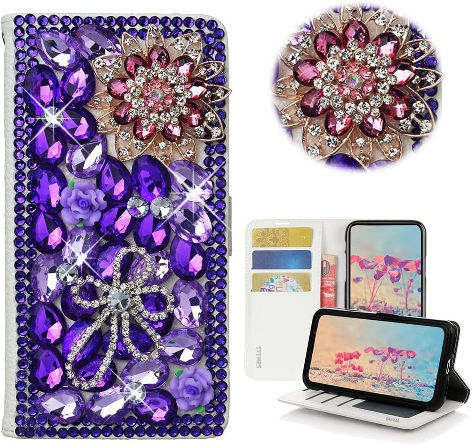 STENES Bling Wallet Phone Case Compatible with LG V40 Thinq - Stylish - 3D Handmade Luxury Flowers Design Leather Cover with Neck Strap Lanyard [3 Pack] - Deep Purple  STENES Luxury Flowers / Deep Purple Design For Samsung Galaxy S23 Case 