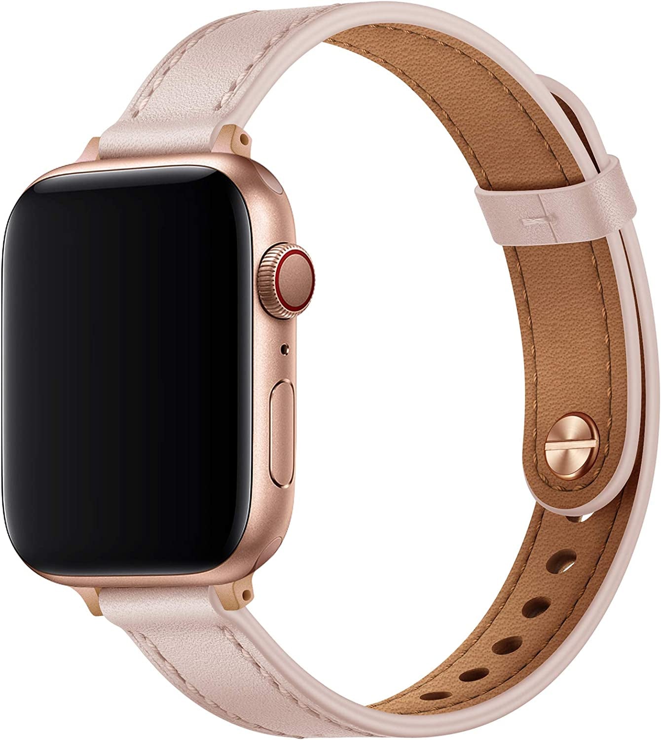 OUHENG Slim Band Compatible with Apple Watch Band 41Mm 40Mm 38Mm, Women Genuine Leather Band Replacement Thin Strap for Iwatch SE SE2 Series 8 7 6 5 4 3 2 1 (Brown/Rose Gold, 41Mm 40Mm 38Mm)  OUHENG Pink Sand/Rose Gold 41mm/40mm/38mm 