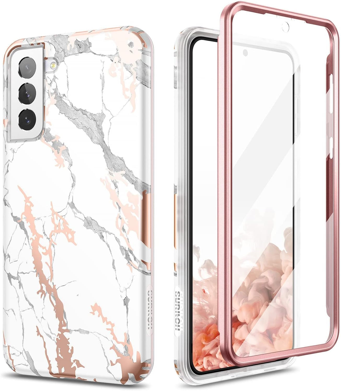 SURITCH Phone Case for Samsung Galaxy S21 plus 6.7 Inches, Front Cover with Built-In Screen Protector Full-Body Protection Shockproof TPU Bumper Protective Case for Girl Women Cute, Rose Marble  SURITCH White Marble  