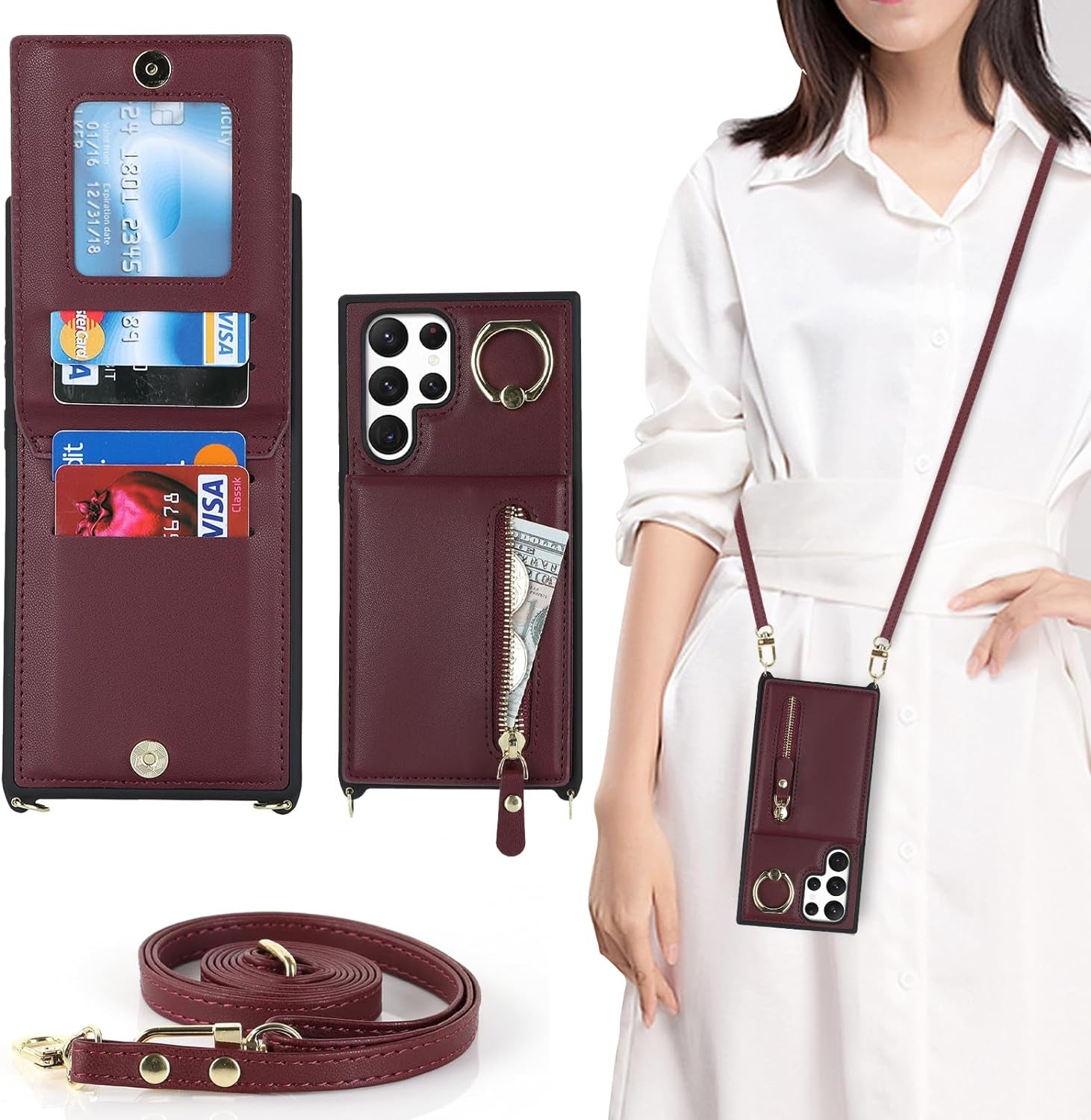 DEYHU Samsung Galaxy Note 20 Ultra Case with Card Holder for Women,Galaxy Note 20 Ultra Phone Case Wallet with Strap Credit Card Slots Crossbody with Kickstand Zipper Case - Rose Gold  DEYHU Red Wine Samsung Galaxy Note 20 Ultra 