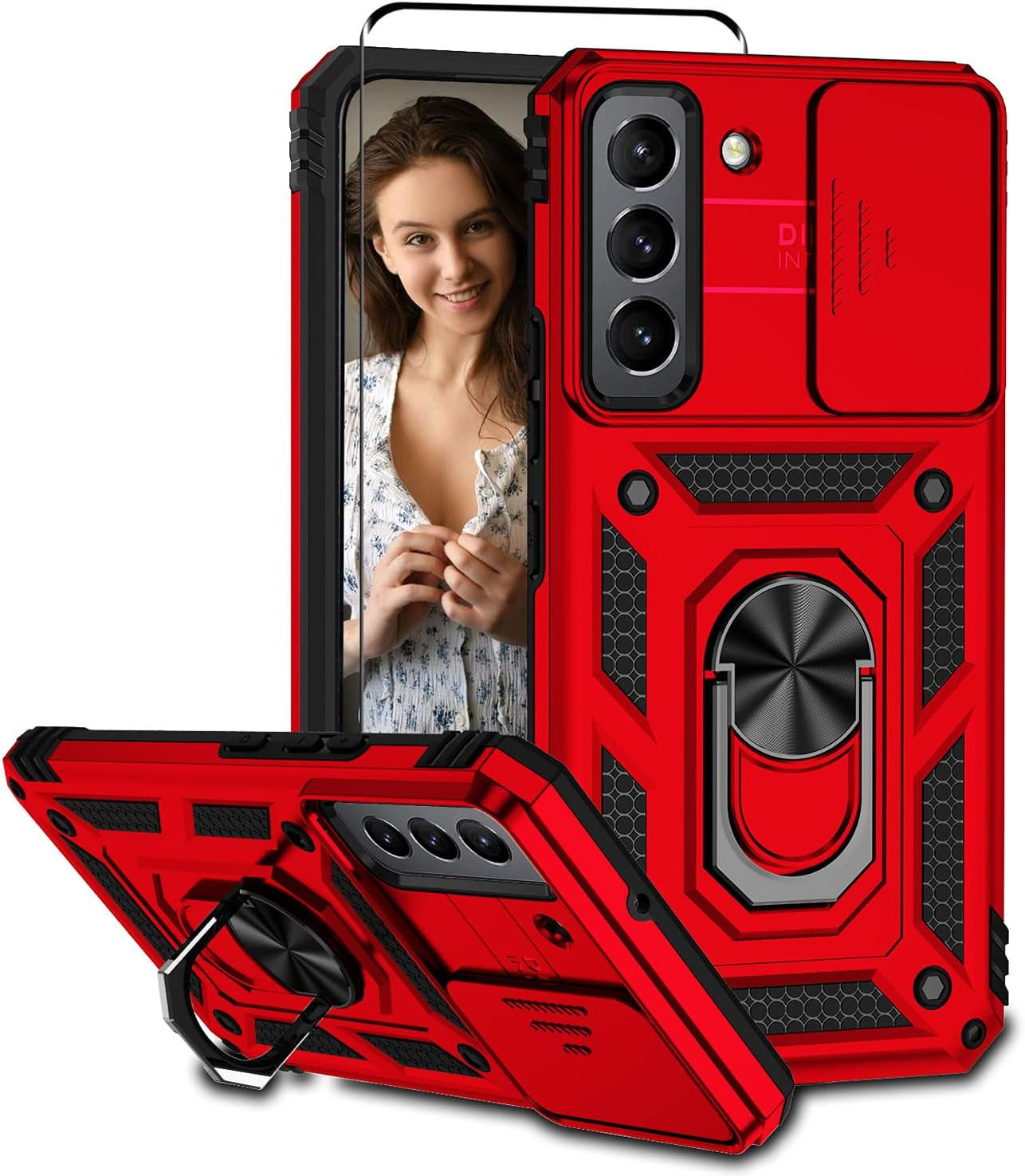 Compatible with Samsung Galaxy S22 Case with Screen Protector and Slide Camera Cover Military Grade Shockproof Heavy Duty Kickstand Bumper Car Mount Full-Body Protective for Samsung S22 Case -Silver  LEZYWONE Red  