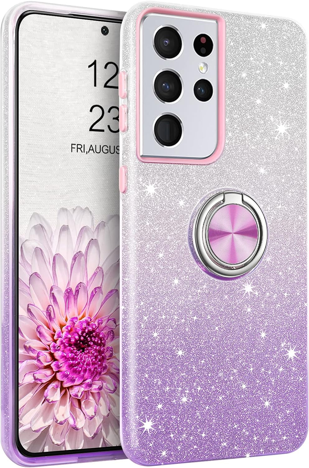 BENTOBEN Compatible with Samsung Galaxy S21 Ultra Case, Slim Fit Glitter Sparkly 360° Ring Holder Kickstand Magnetic Protective Girls Women Cover for Samsung Galaxy S21 Ultra 6.8“, Black  BENTOBEN C123-Purple  