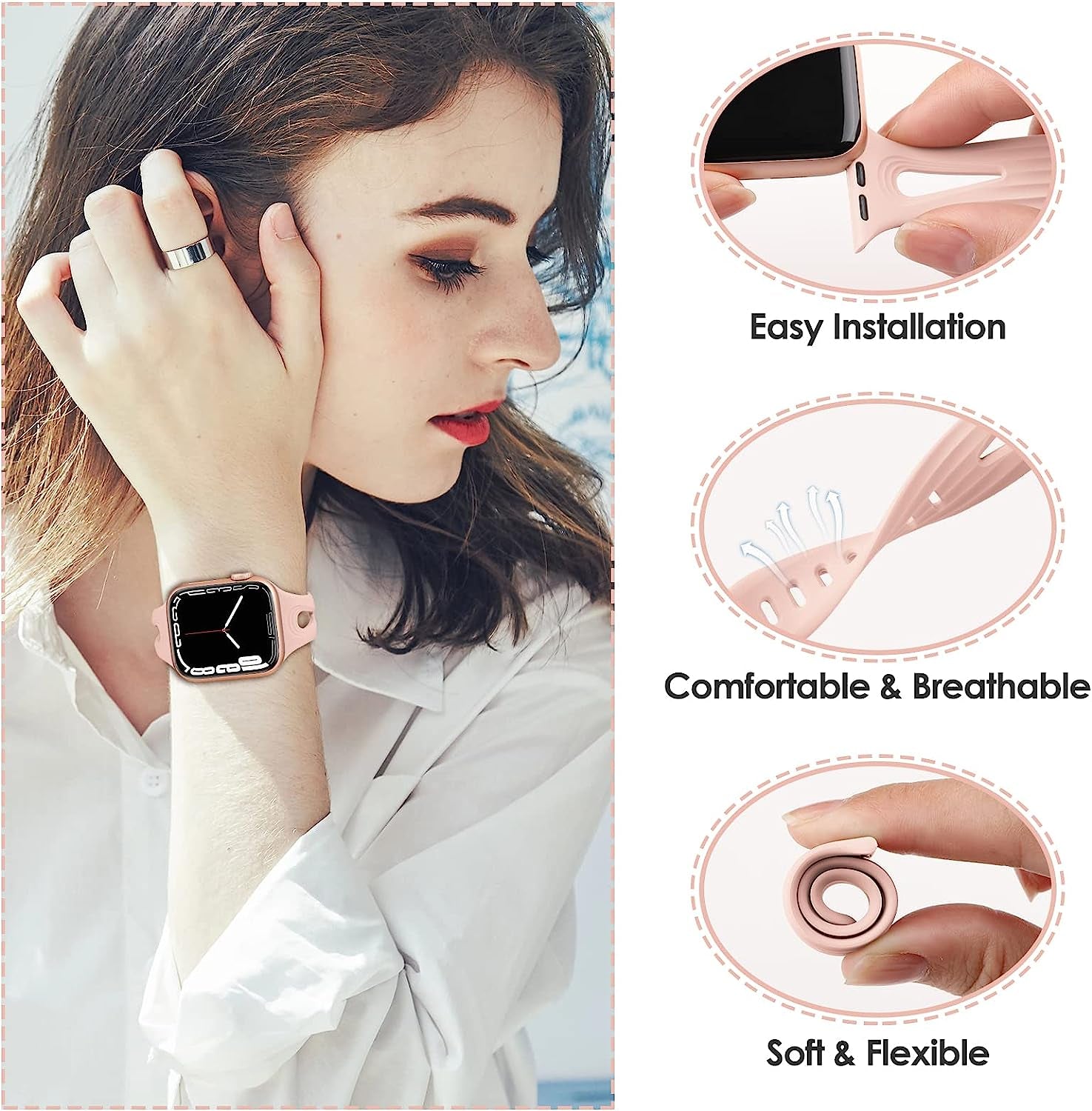 4 Pack Bands Compatible with Apple Watch Band 40Mm 38Mm 41Mm 42Mm 44Mm 45Mm for Women, Slim Thin Narrow Replacement Wristbands Soft Silicone Sport Strap for Iwatch Band Series 8 7 6 5 4 3 2 1 SE  Hehighti   