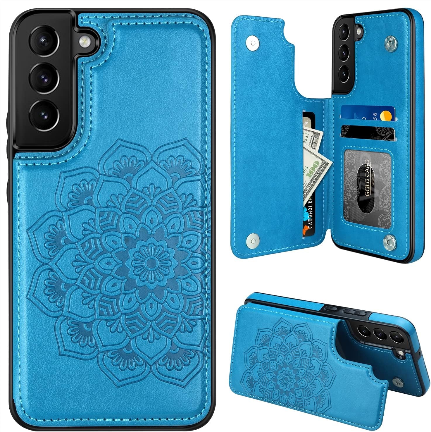 MMHUO for Samsung Galaxy S22 Case with Card Holder,Flower Magnetic Back Flip Case for Samsung Galaxy S22 Wallet Case for Women,Protective Case Phone Case for Samsung Galaxy S22 5G (2022),Mint  MMHUO Blue Galaxy S22 6.1"-(S) 