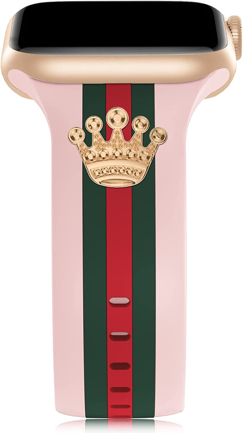 Designer Band with Charms Decor Compatible with Apple Watch Band 38Mm 40Mm 41Mm 42Mm 44Mm 45Mm 49Mm Women Men, Stylish Silicone Sport Wristbands for Iwatch Series 8 7 6 5 4 3 2 1 SE Ultra  Bagoplus Pink/Green/Red with Crown 42mm/44mm/45mm/49mm 