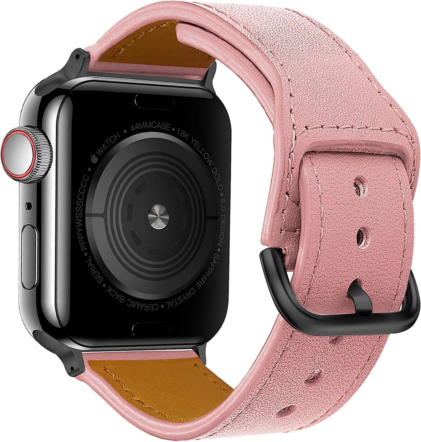 ONMROAD Leather Bands Compatible with Apple Watch 38Mm 40Mm 41Mm 42Mm 44Mm 45Mm, Genuine Leather Replacement Band for Iwatch Series7 6 5 4 3 2 1 SE, Leather Apple Watch Strap for Women & Men  ONMROAD Pink Band+Black Adapter 42mm 44mm 45mm 