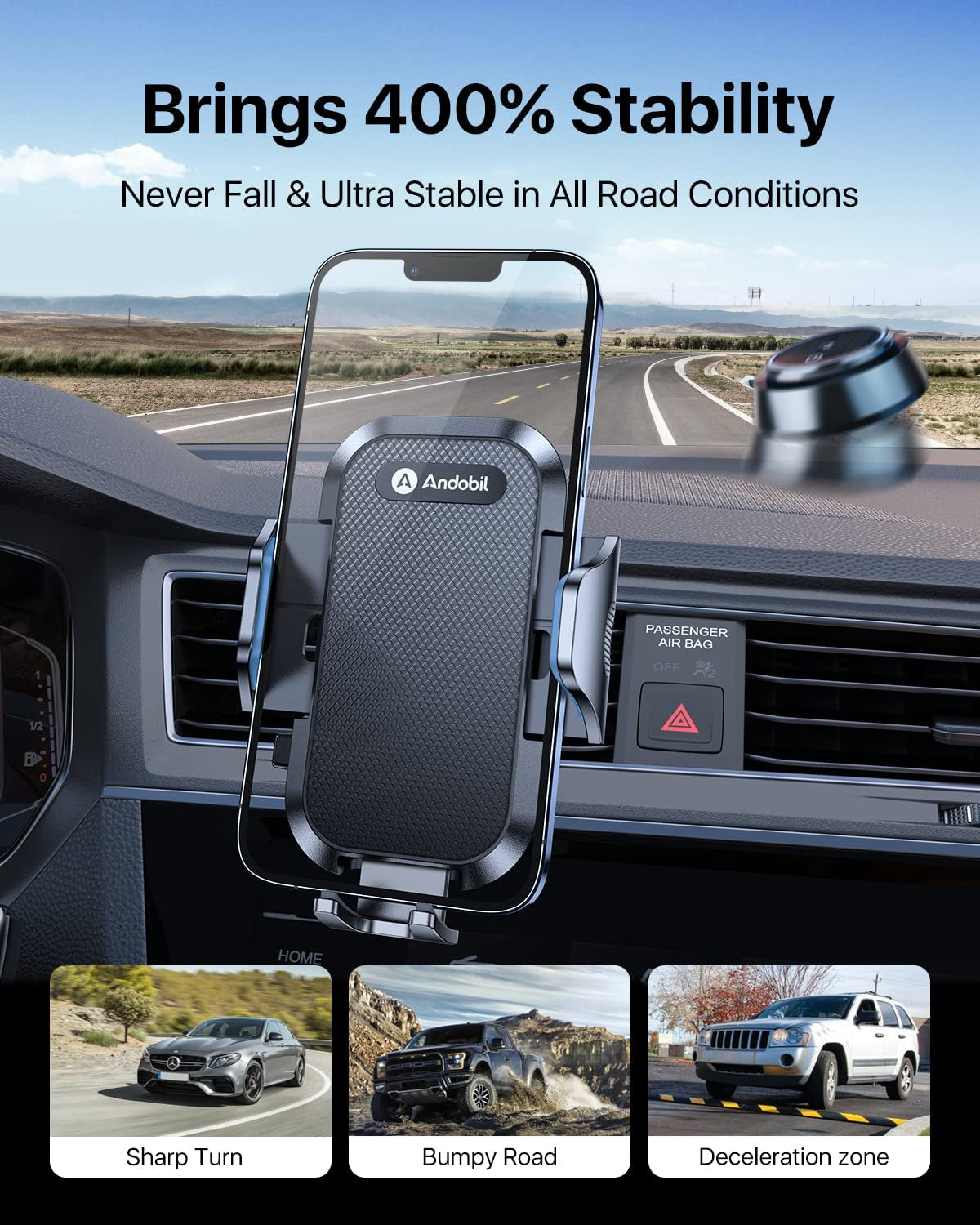 (2023 Upgraded) Andobil Car Phone Mount [Military Sturdy, Firmly Grip & Never Slip] Air Vent Cell Phone Holder Car, Ultra Stable, Easy Used, Compatible with Iphone 13 14 12 Pro Max Android Samsung S23  andobil   