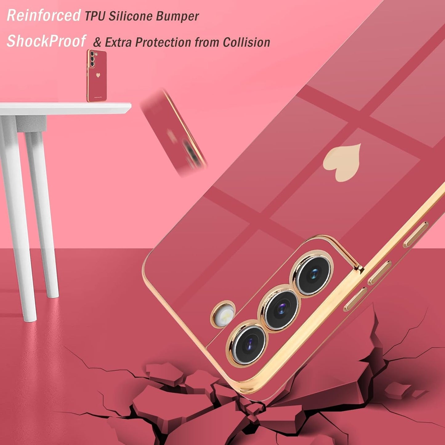 Teageo for Samsung Galaxy S22 5G Case for Women Girl Cute Love-Heart Luxury Bling Soft Back Cover Raised Full Camera Protection Bumper Silicone Shockproof Phone Case for Galaxy S22 5G, Bright Blush  janzee   