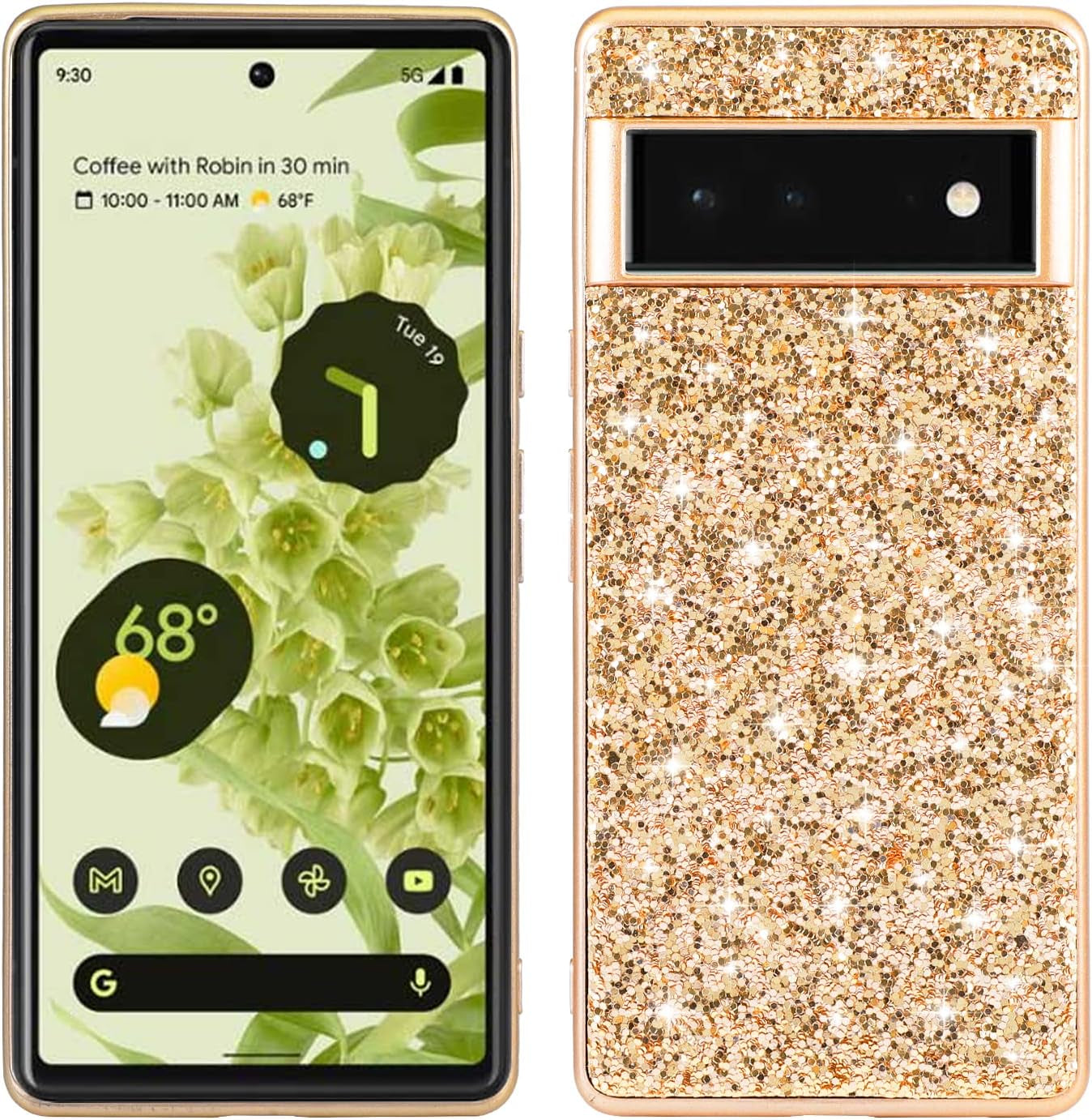 Joie & Joho Compatible with Google Pixel 6 Pro 5G 2021, Sparkling Back Cover Protective Case PC Hard Shockproof Protection Cover Case for Google Pixel 6 Pro, Black  Joie & Joho Gold  