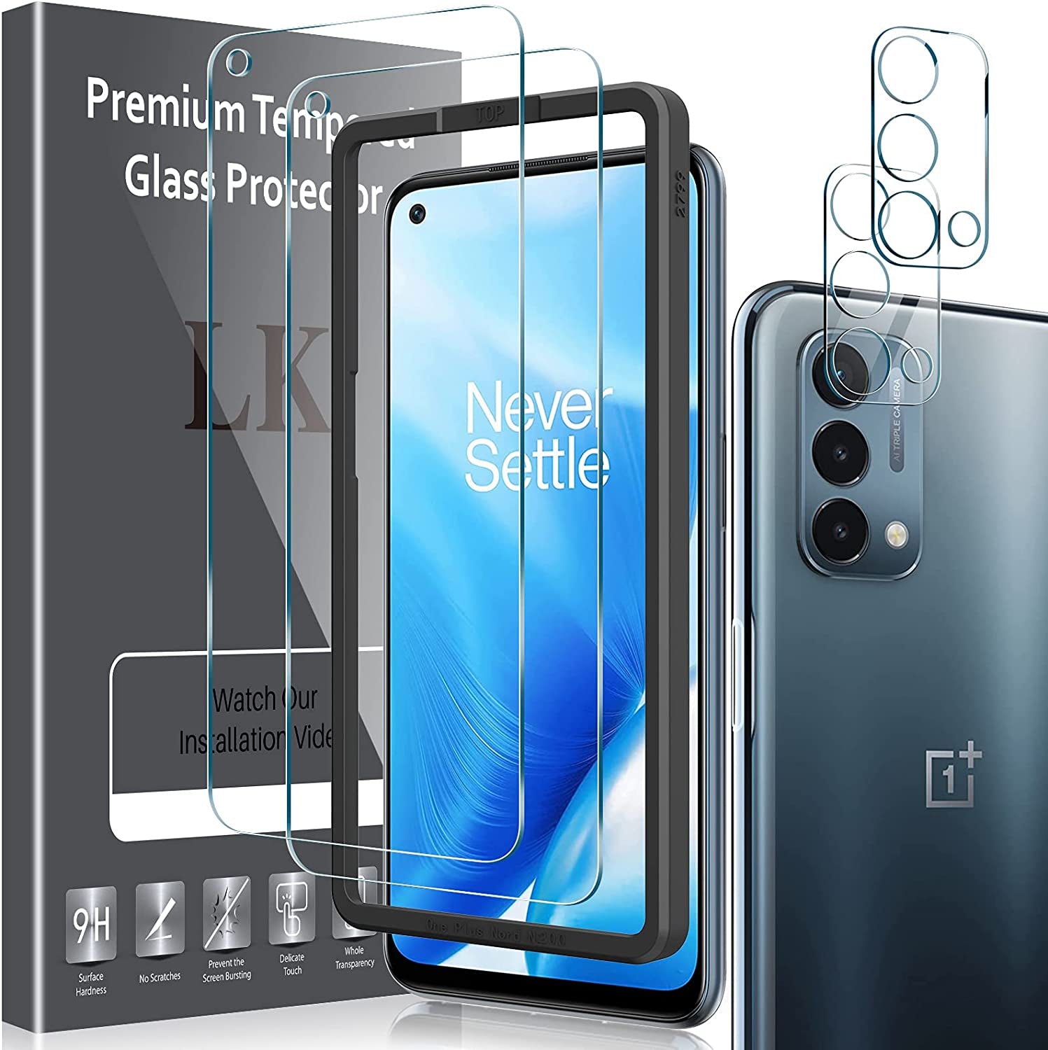 LK [4 Pack] 2 Pack Screen Protector for Oneplus Nord N200 5G + 2 Pack Camera Lens Protector, 9H Tempered Glass Screen Protector with Alignment Frame, Scratch-Resistant, Anti-Fingerprint, Smooth-Touch  LK   