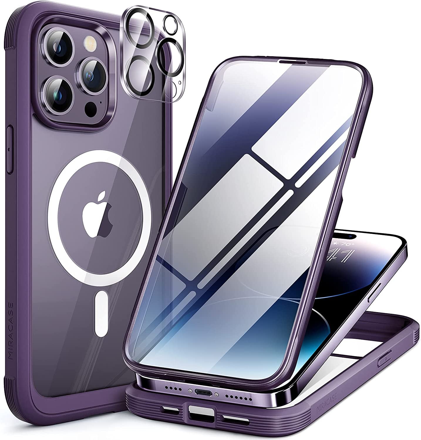 Miracase Glass Series for Iphone 14 Pro Case 6.1 Inch, 2023 Full-Body Clear Bumper Case with Built-In 9H Tempered Glass Screen Protector, with Camera Lens Protector (Noble Purple)  Miracase Magnetic Dark Purple  
