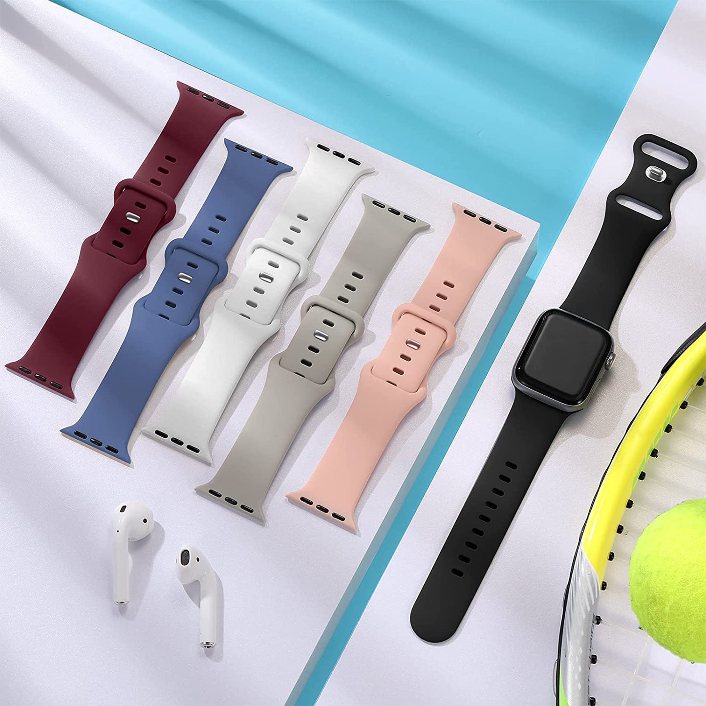 SNBLK [6 Pack] Compatible with Apple Watch Band 38Mm 40Mm 41Mm 42Mm 44Mm 45Mm 49Mm for Women Men, Soft Silicone Wrist Bands Sport Strap Compatible for Iwatch Series 8 7 6 5 4 3 2 1 SE Ultra  SNBLK   