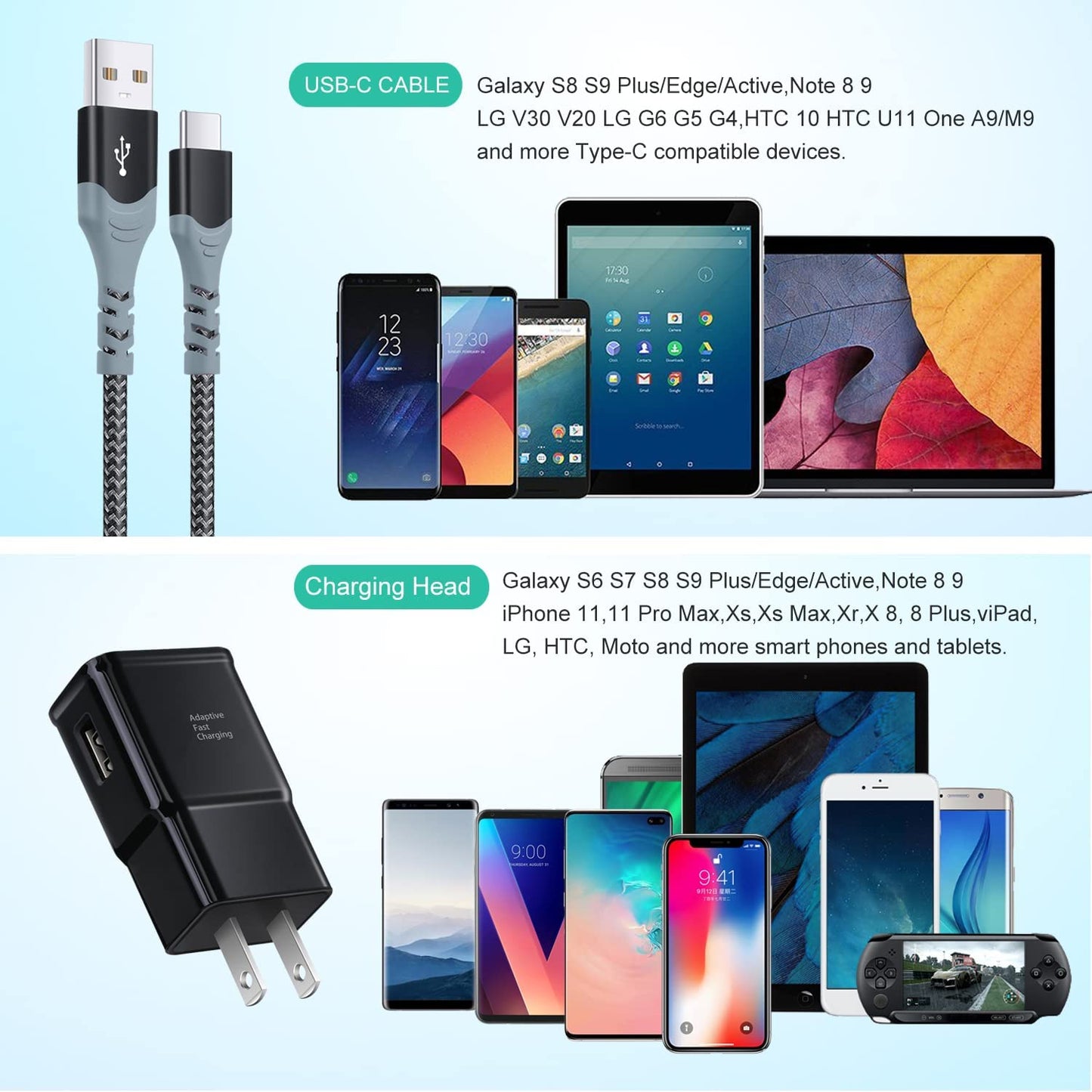 Adaptive Fast Charging Wall Charger with USB C Cable 10Ft, Excgood USB Fast Charger Type C Charger Compatible for Samsung Galaxy S23 Ultra A13 A03S A53 A23 S22 S21 S20 S10 S9 Android Phone-2Pack,Black  Shenzhen Hao Nuo Tian Electronics Co.,LTD   