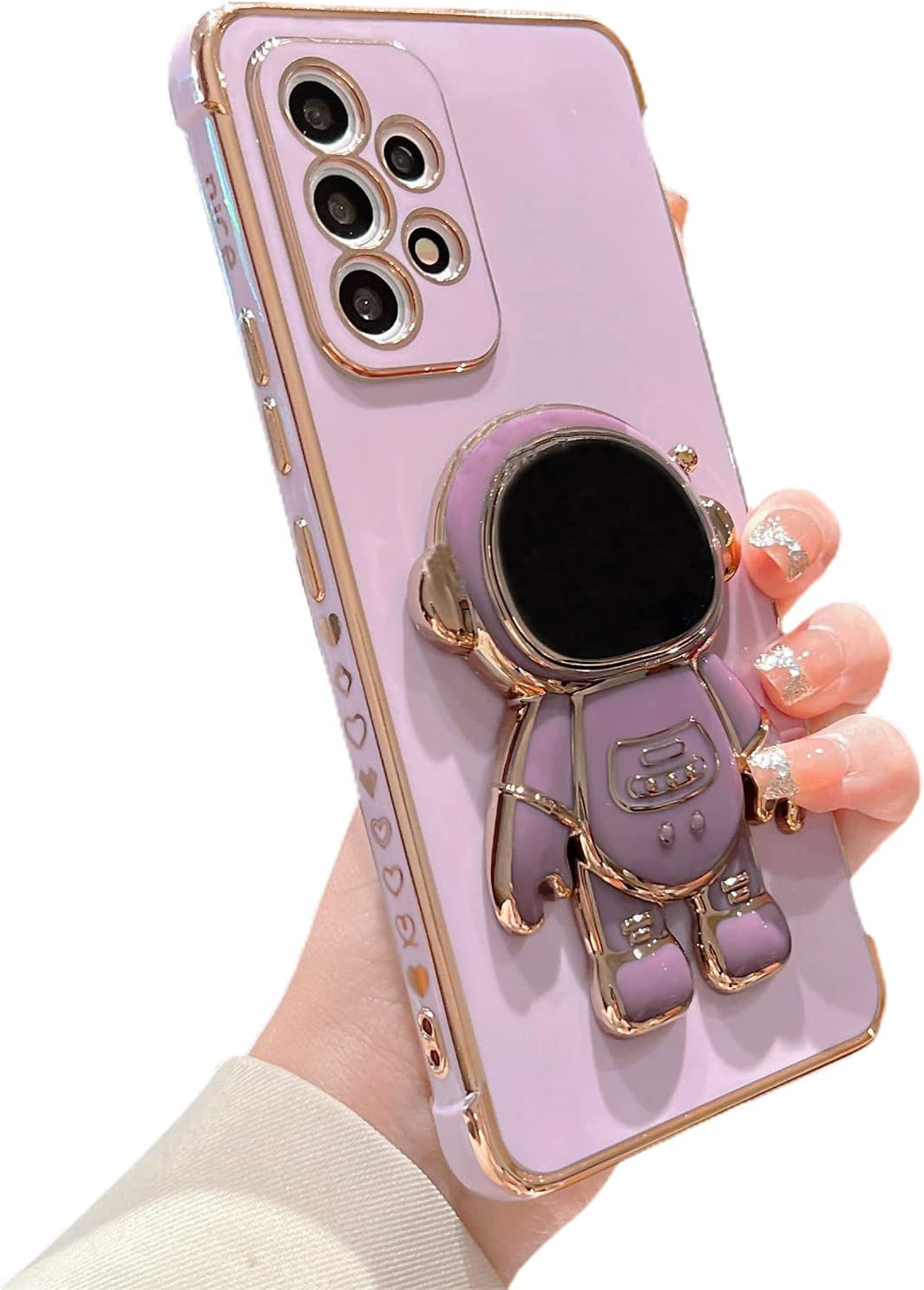 Phylla Samsung Galaxy A53 5G 6.5" Phone Case Luxury Plating Astronaut Stand Holder Case with Camera Protection Cute Love Heart Side Small Pattern Soft Silicone Shockproof Kickstand Bumper (Purple)  phylla   