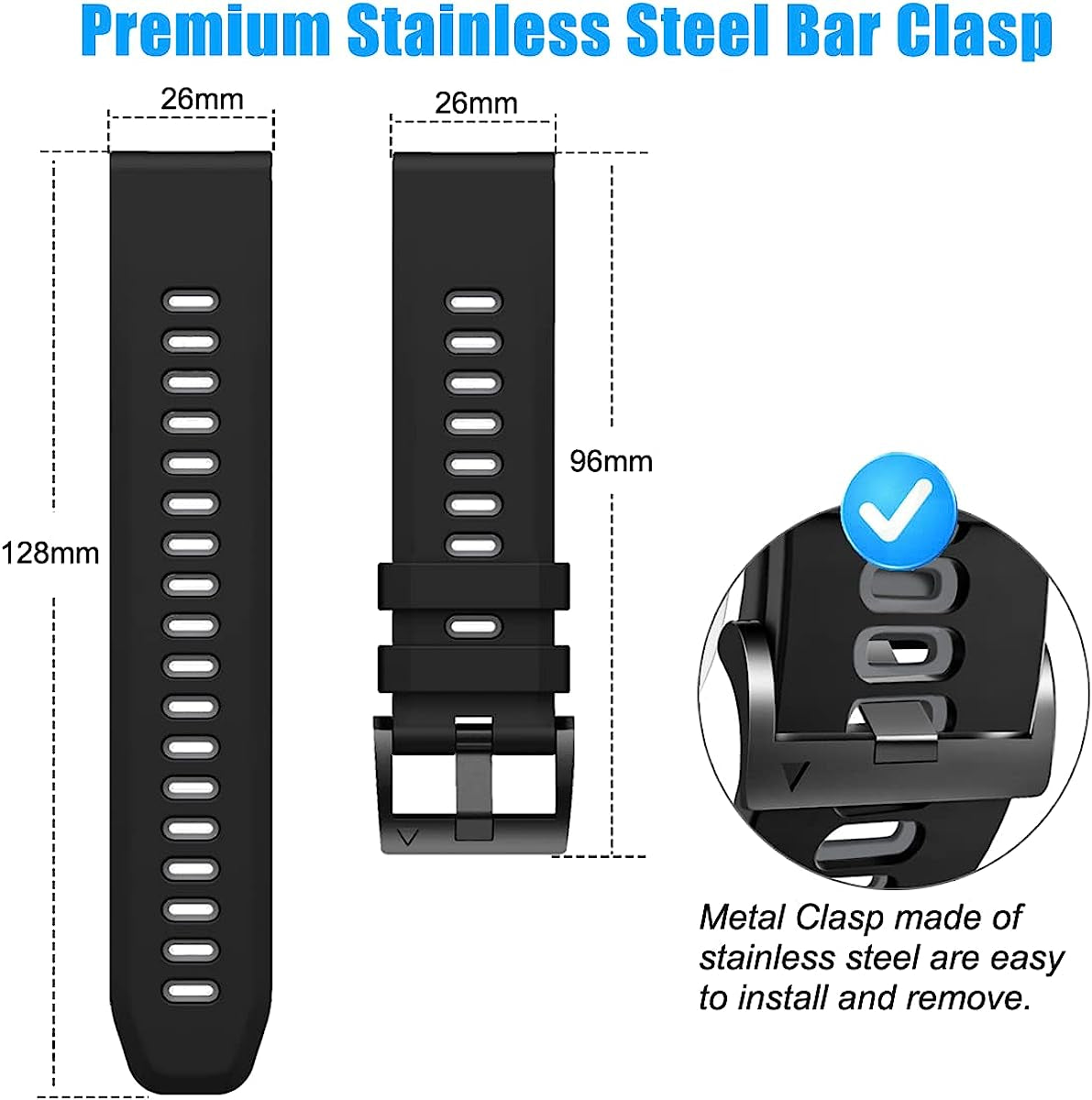 Compatible with Garmin Watch Bands,26Mm Width Soft Silicone Quick Release Straps for Fenix 7X/Enduro/Fenix 6X Pro/Fenix 6X/Fenix 5X Plus/Fenix 3/Fenix 3 Hr/Descent Mk1/D2 Delta Px/Tactix Delta,Black-Grey  ZPJPPLX   