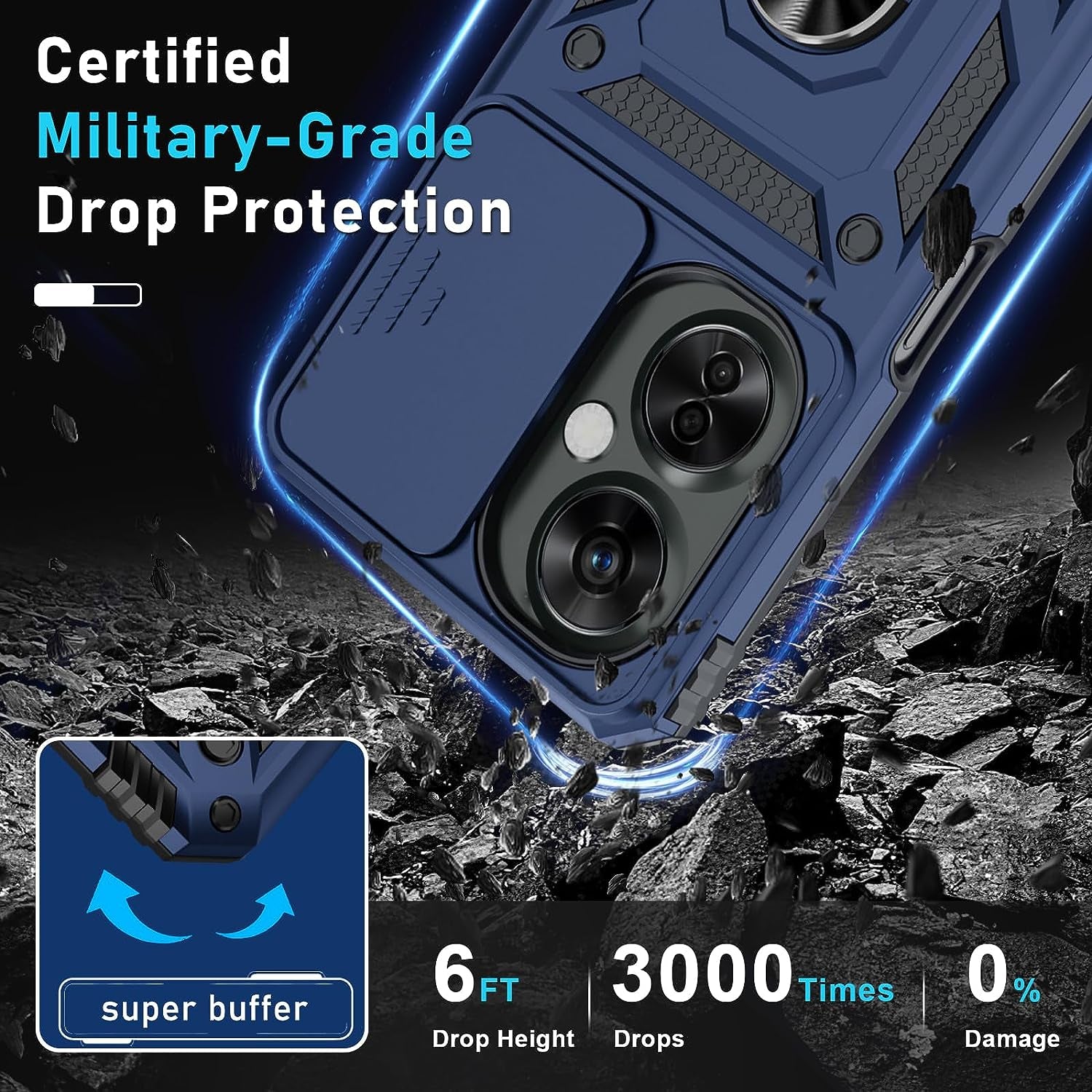 Janmitta Oneplus Nord N30 5G Case Built in Slide Camera Lens Cover+Screen Protector+Finger Ring Holder Kickstand,Heavy Duty Shockproof Full Body Protective Phone Cover,2023 Blue  Janmitta   