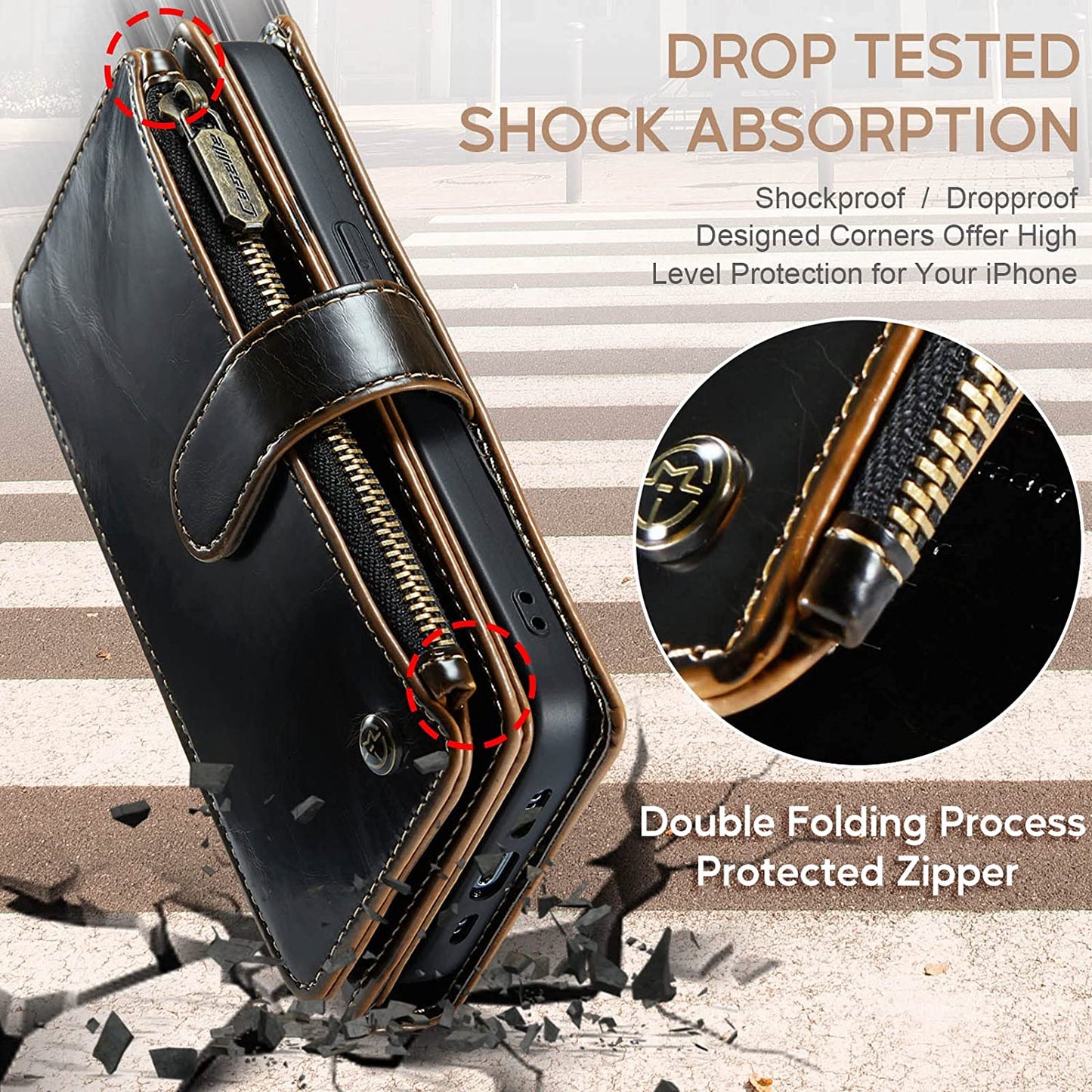 FLIPALM Wallet Case for Iphone 14 Pro(6.1") Flip Case,Compatible with Magsafe Charger,Pu Leather Zipper Protective Lanyard Strap Wristlet Case with Magnetic Closure and Card Holder Luxury Coffee  FLIPALM   