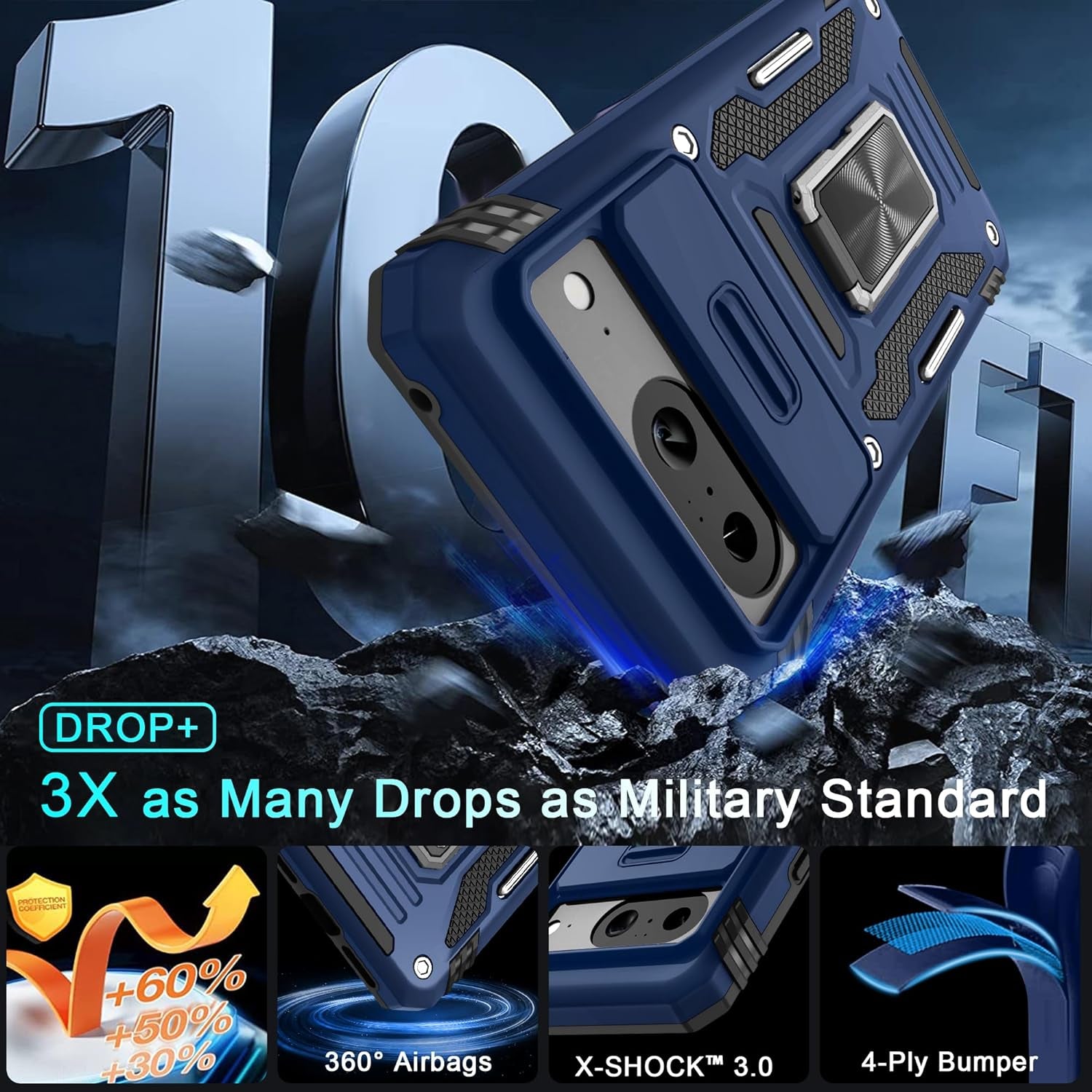 DEERLAMN for Google Pixel 8 Case with Slide Camera Cover+Screen Protector (1 Pack), Rotated Ring Kickstand Military Grade Shockproof Heavy Duty Protective Cover -Navy Blue  DEERLAMN   