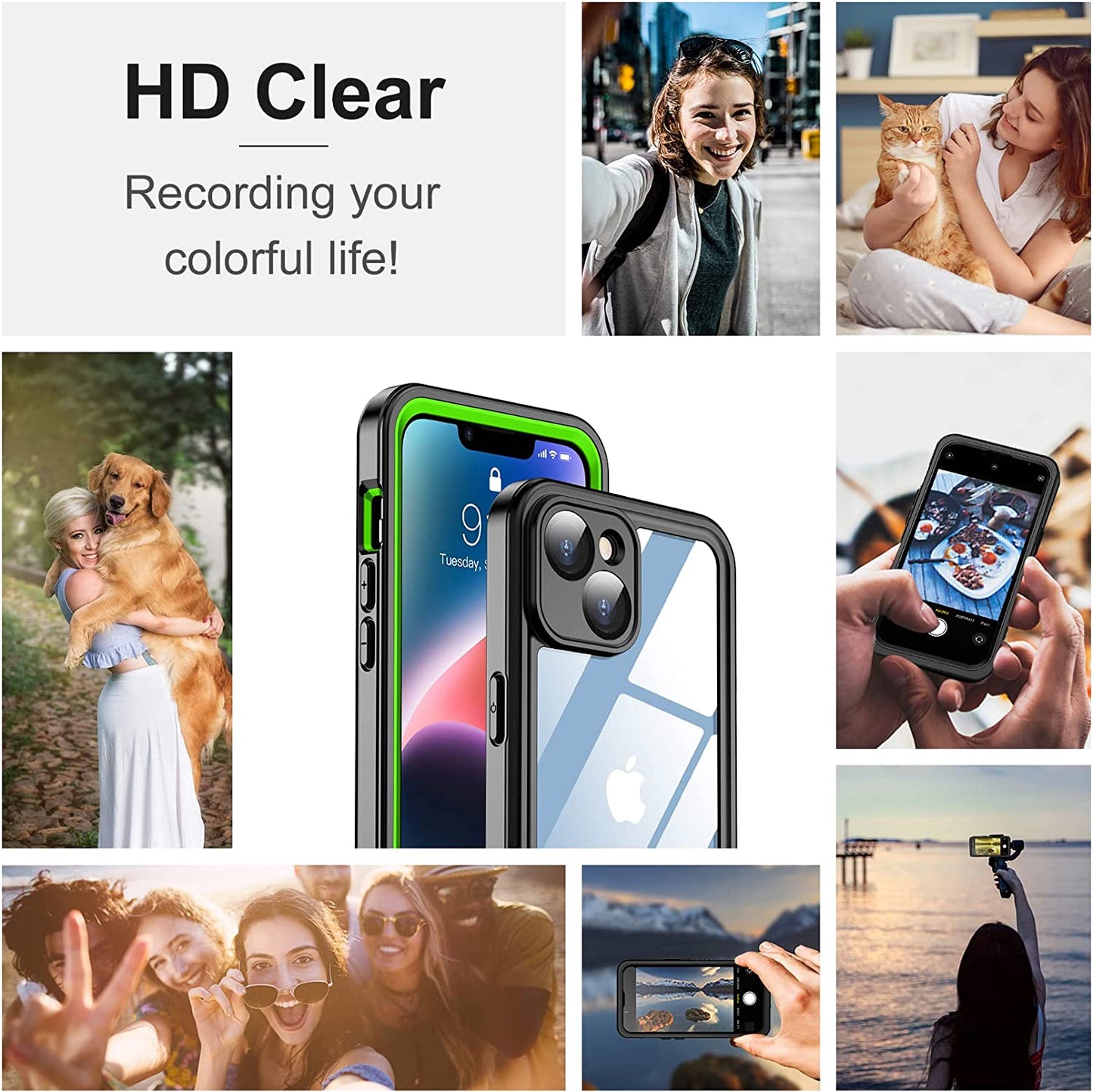 Temdan [Real 360 for Iphone 14 Case Waterproof, Built-In 9H Tempered Glass Camera Lens & Screen Protection [14FT Military Dropproof][Full-Body Shockproof][Dustproof][Ip68 Underwater] Phone Case Green  Temdan   