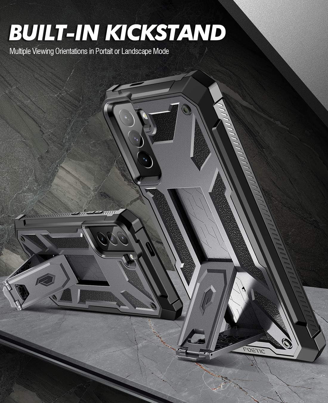 Poetic Spartan Samsung Galaxy S21+ plus 5G 6.7" Case, Fingerprint ID Compatible, Shockproof Protective Cover, Kickstand, Metallic Gun Metal  Poetic   