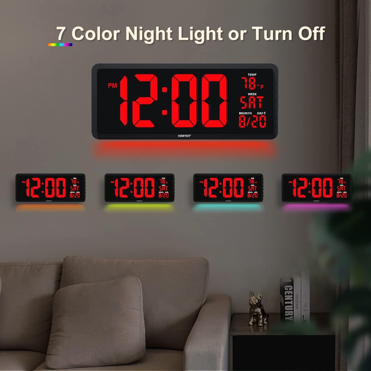YORTOT 16” Large Digital Wall Clock with Remote Control - Adjustable Dimmer, 7 Color Night Lights, Big LED Clock with Indoor Temperature, Date, Auto DST, 12/24Hour, Wall Mount/Foldable Stand  YORTOT   