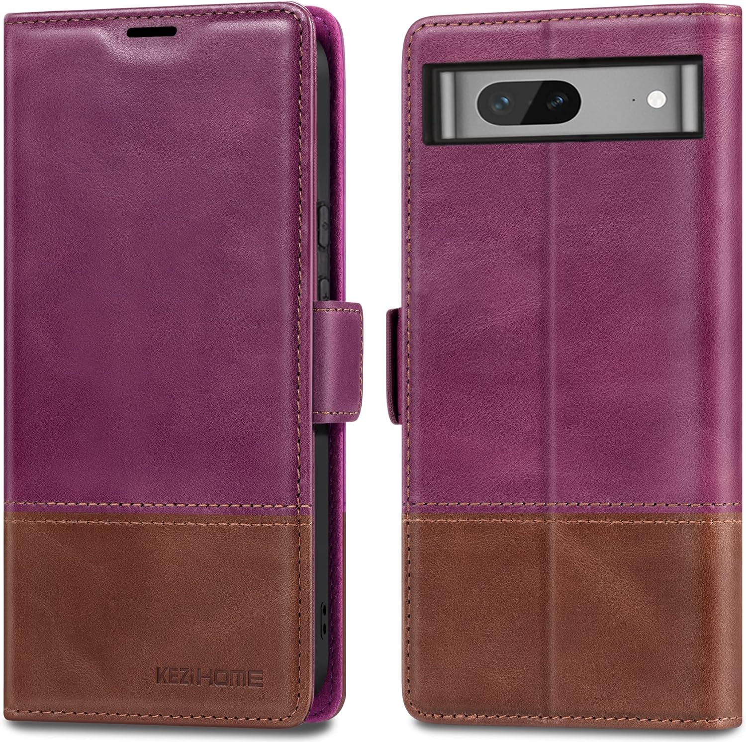 Kezihome Case for Google Pixel 7A, Genuine Leather Wallet Case with Card Holder [RFID Blocking] Kickstand Flip Protective Heavy Duty Phone Cover for Google Pixel 7A 5G 2023 (Red/Brown)  KEZiHOME Purple/Brown Google Pixel 7 