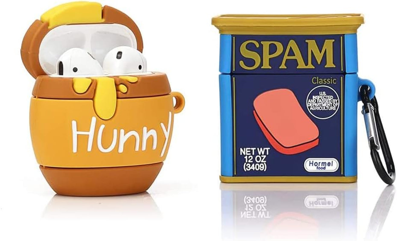 (2 Pack) Cute Airpods 1/2 Case Silicone Cover with Keychain, Cartoon Skin Design Headphones Charging Case Protective Cover Accessories Kits Compatible for Airpods 1 and 2 (Black+White)  BGAANM Huuny+SPAM  