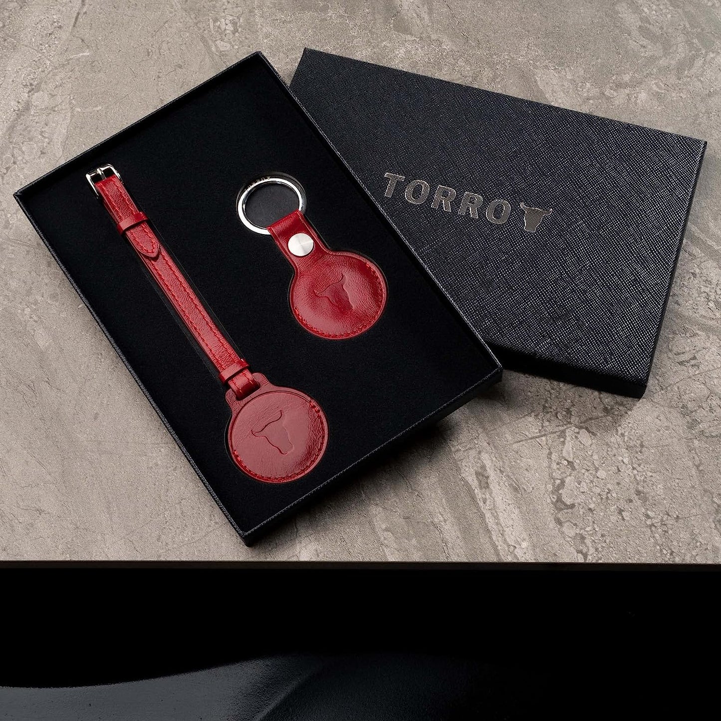 TORRO Airtag Holder Set – Leather Airtag Keychain and Airtag Case (Red)  B.A.M Worldwide ltd   