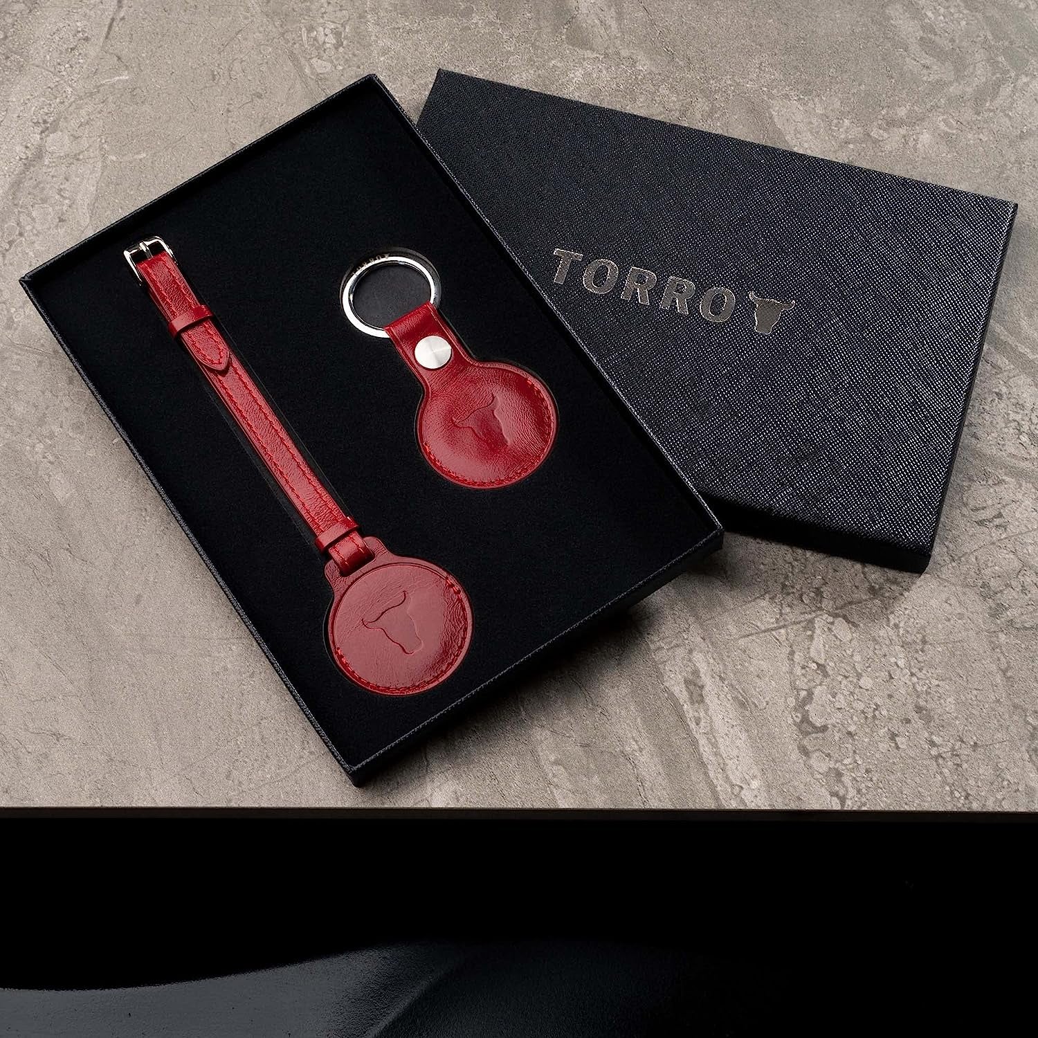 TORRO Airtag Holder Set – Leather Airtag Keychain and Airtag Case (Red)  B.A.M Worldwide ltd   