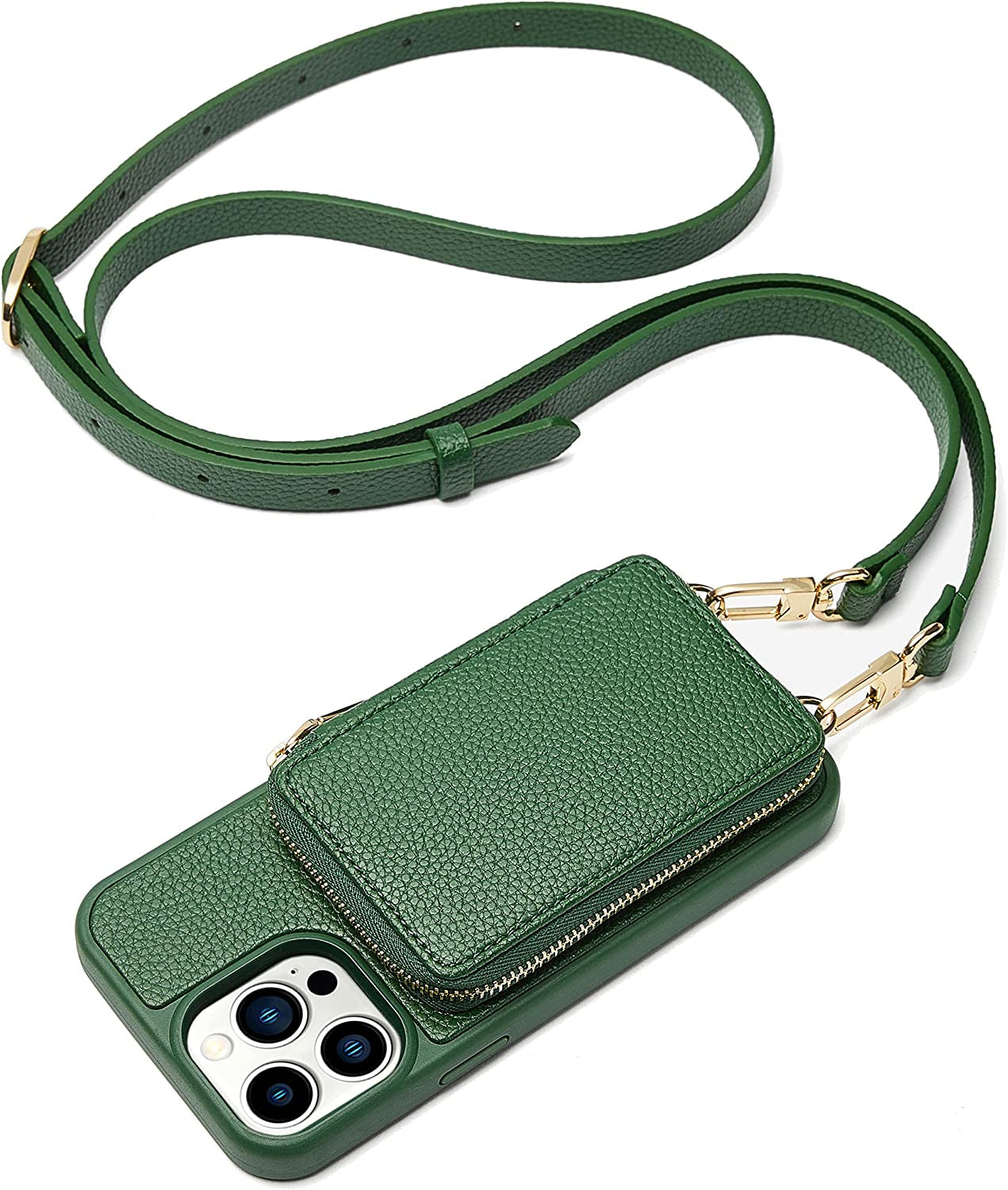 ZVE Iphone 14 Pro Crossbody Wallet Case Magsafe, Phone Case with RFID Blocking Card Holder Wrist Strap for Women, Zipper Leather Cover for Iphone 14 Pro, 6.1"-Black  ZVE Dark Green iPhone 13 Pro 