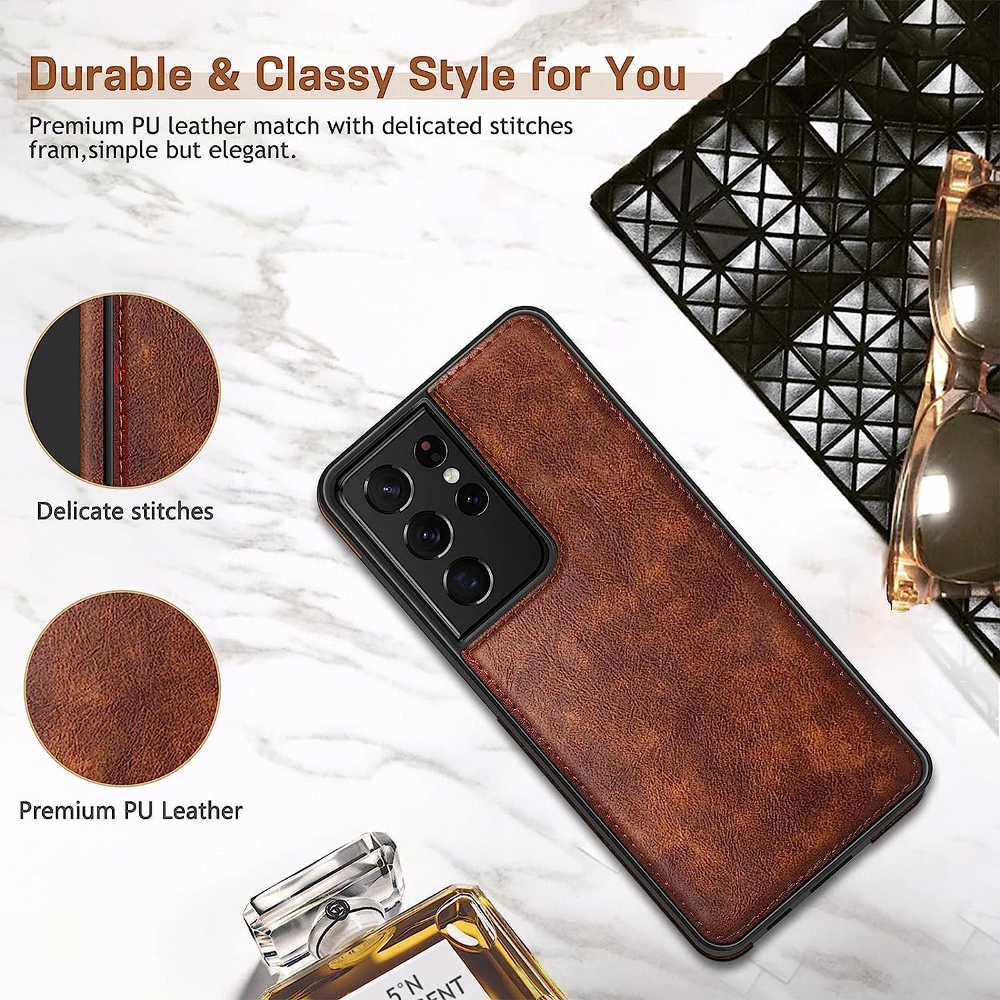 LOHASIC for Galaxy S21 Ultra Case, Premium Leather Luxury Business PU Non-Slip Grip Shockproof Bumper Full Body Protective Cover Phone Cases for Samsung Galaxy S21 Ultra 5G 6.8 Inch - Brown  LOHASIC   