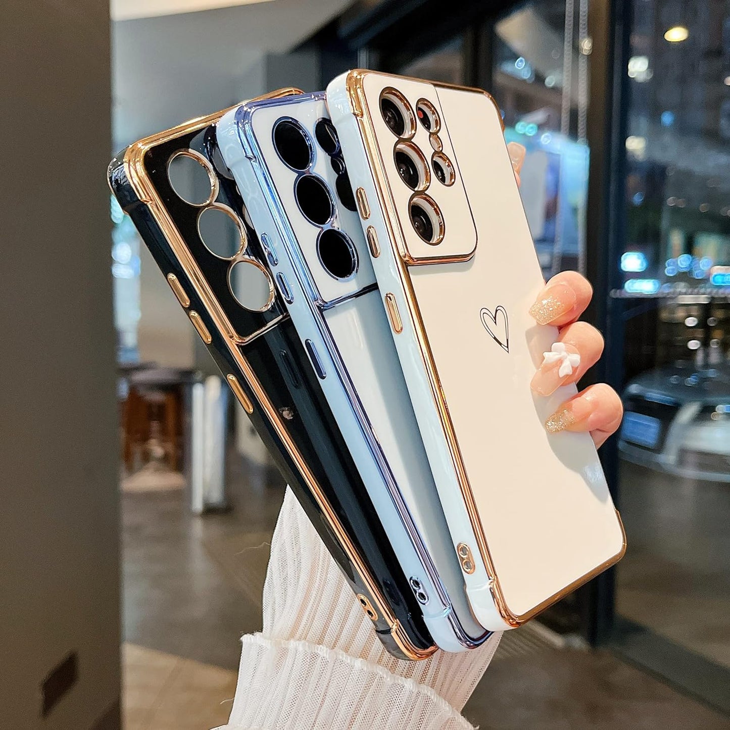 ZTOFERA Designed for Samsung Galaxy S21 Ultra 5G Case,Cute Plating Edge Love Hearts Pattern with Camera Lens Protection Phone Cover for Girls Women,Blue  ZTOFERA   