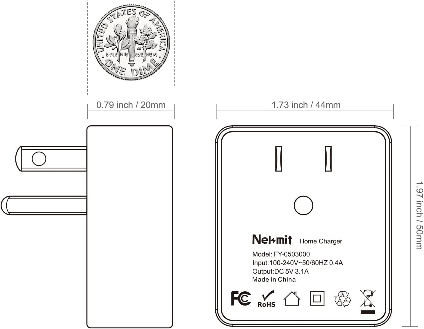 Nekmit Dual Port Ultra Thin Flat USB Wall Charger with Smart IC, White  Nekmit Compact   